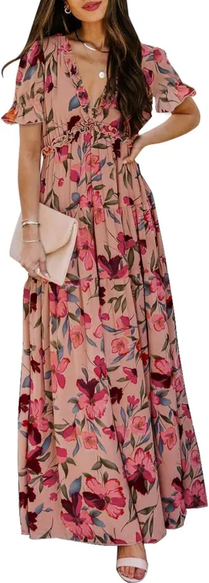 BLENCOT Womens Casual Boho Floral Printed V Neck Short Sleeve Long Evening Dress Ruched Cocktail Party Maxi Wedding Dress