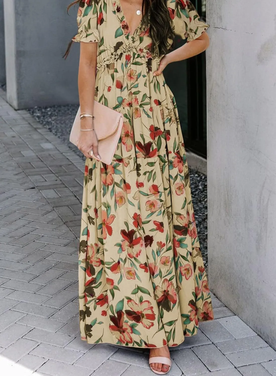 BLENCOT Womens Casual Boho Floral Printed V Neck Short Sleeve Long Evening Dress Ruched Cocktail Party Maxi Wedding Dress