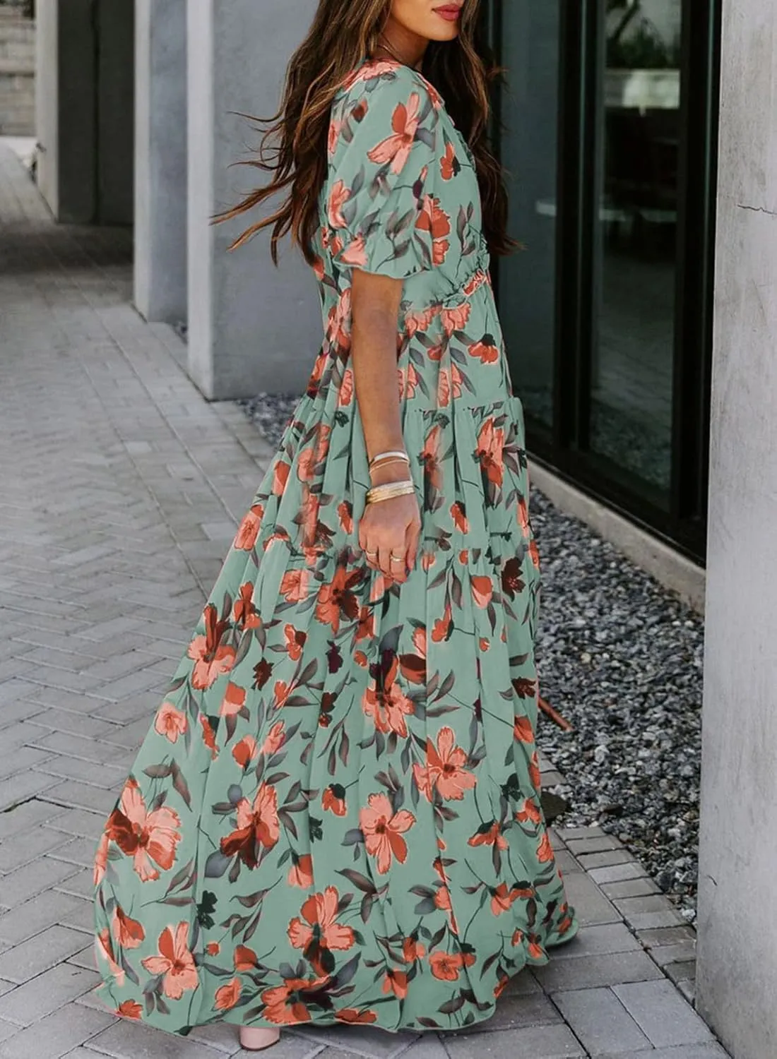 BLENCOT Womens Casual Boho Floral Printed V Neck Short Sleeve Long Evening Dress Ruched Cocktail Party Maxi Wedding Dress