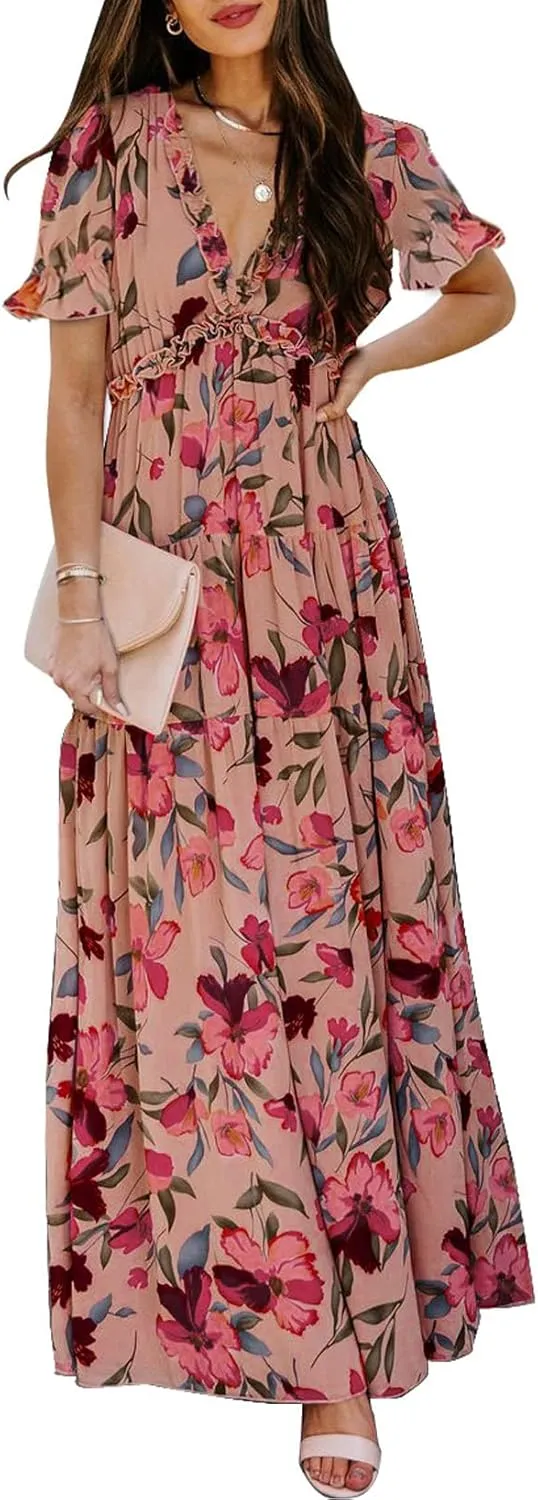 BLENCOT Womens Casual Boho Floral Printed V Neck Short Sleeve Long Evening Dress Ruched Cocktail Party Maxi Wedding Dress
