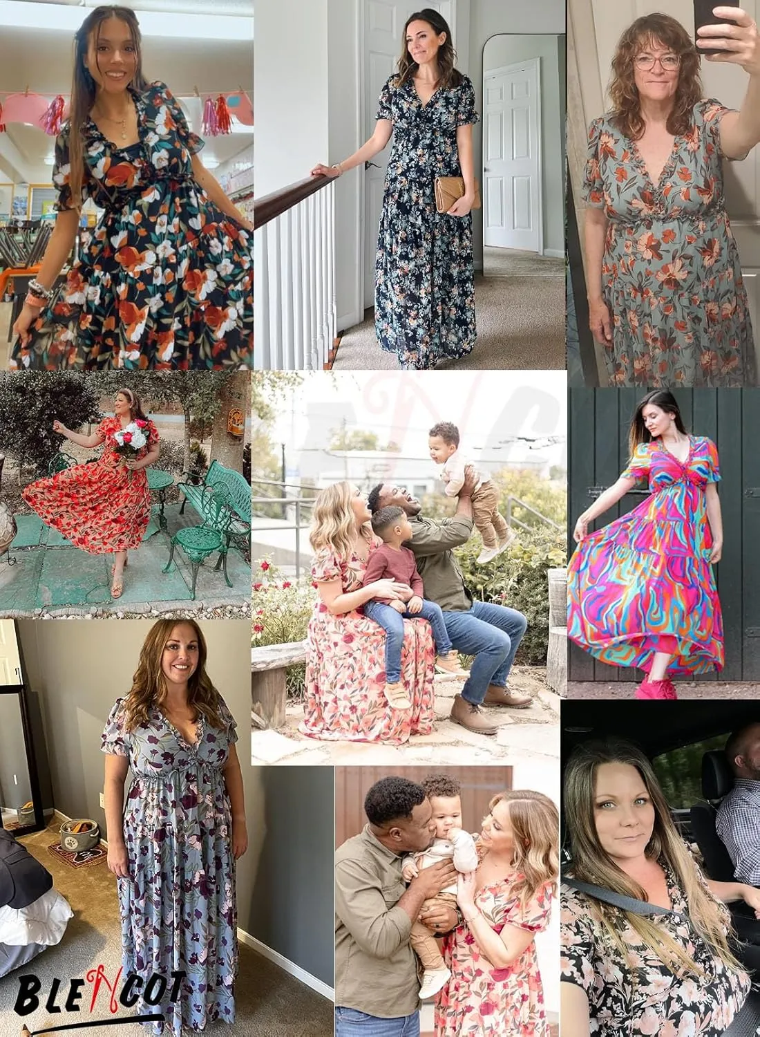 BLENCOT Womens Casual Boho Floral Printed V Neck Short Sleeve Long Evening Dress Ruched Cocktail Party Maxi Wedding Dress