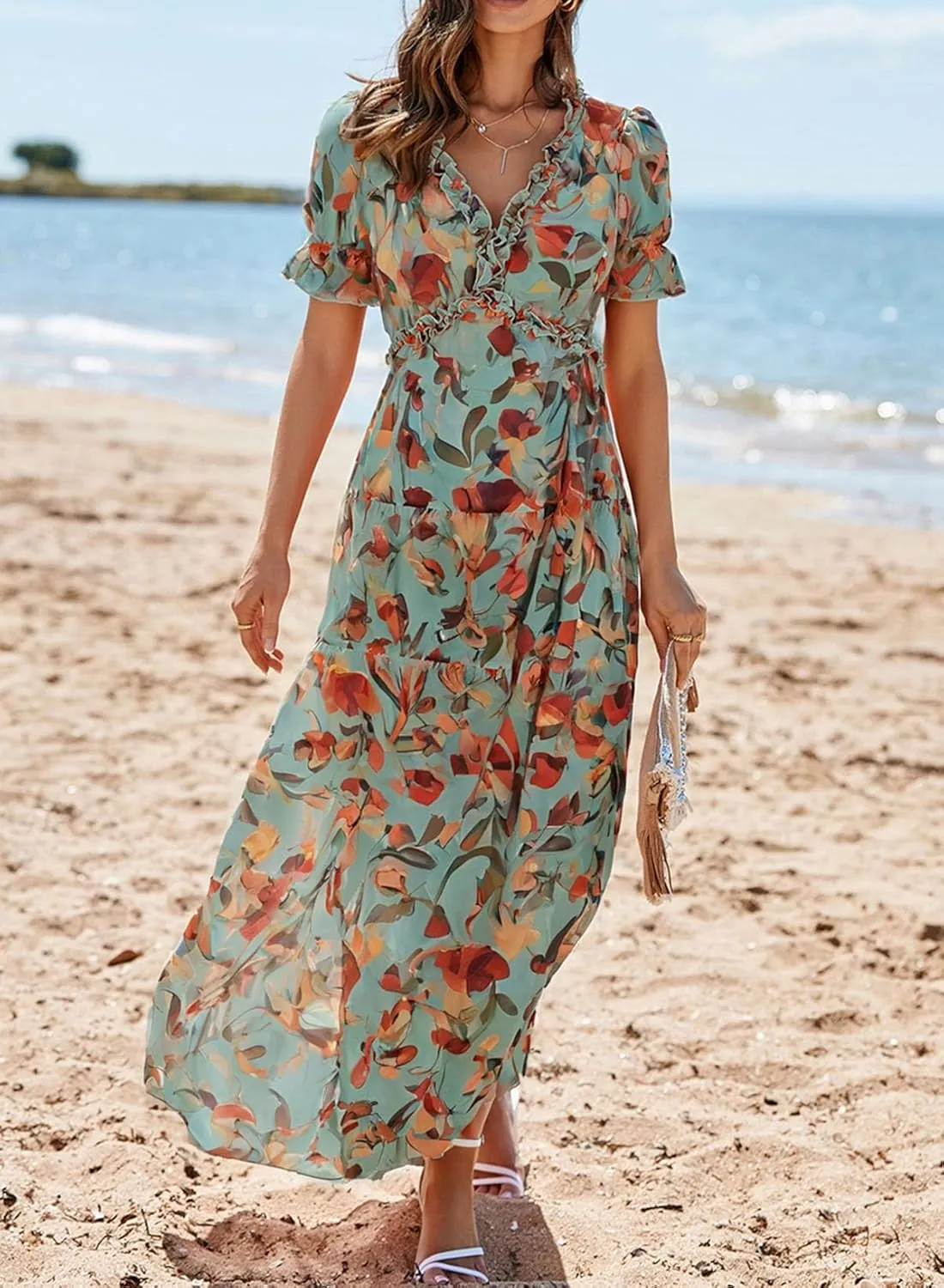 BLENCOT Womens Casual Boho Floral Printed V Neck Short Sleeve Long Evening Dress Ruched Cocktail Party Maxi Wedding Dress
