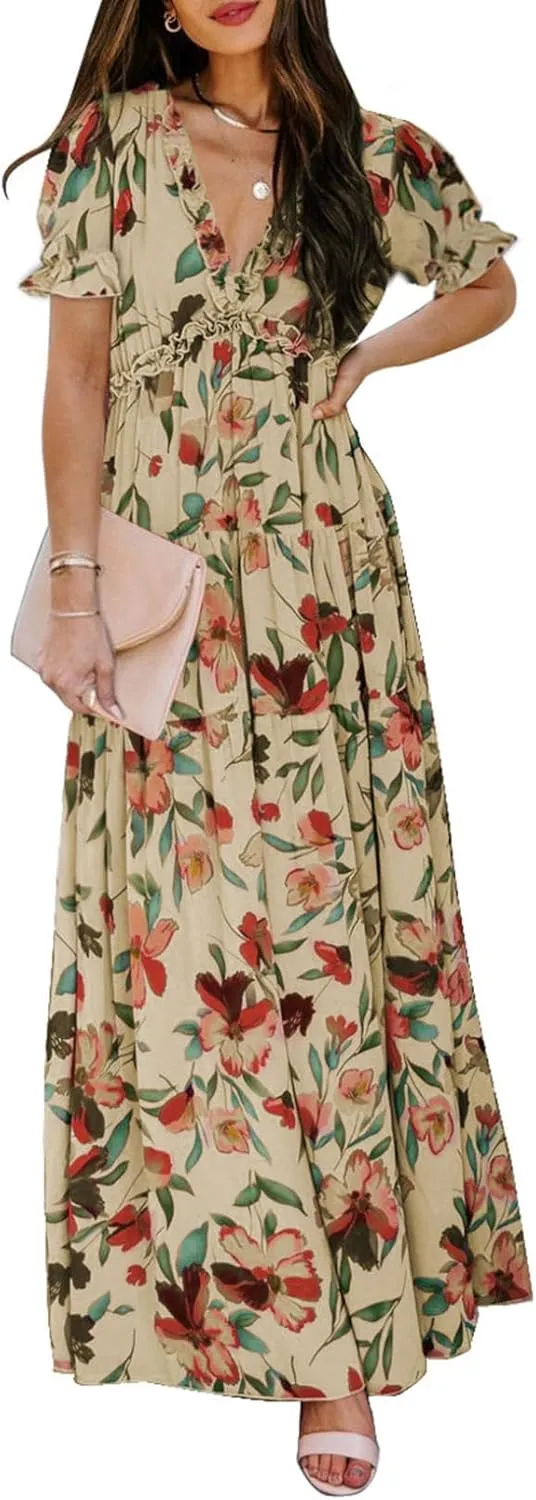 BLENCOT Womens Casual Boho Floral Printed V Neck Short Sleeve Long Evening Dress Ruched Cocktail Party Maxi Wedding Dress