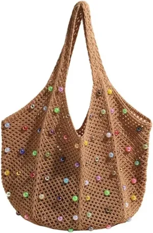 Boho Crochet Handbag Beach Tote Shoulder Bag with Colored Beads Hippie Knit Bag for Women