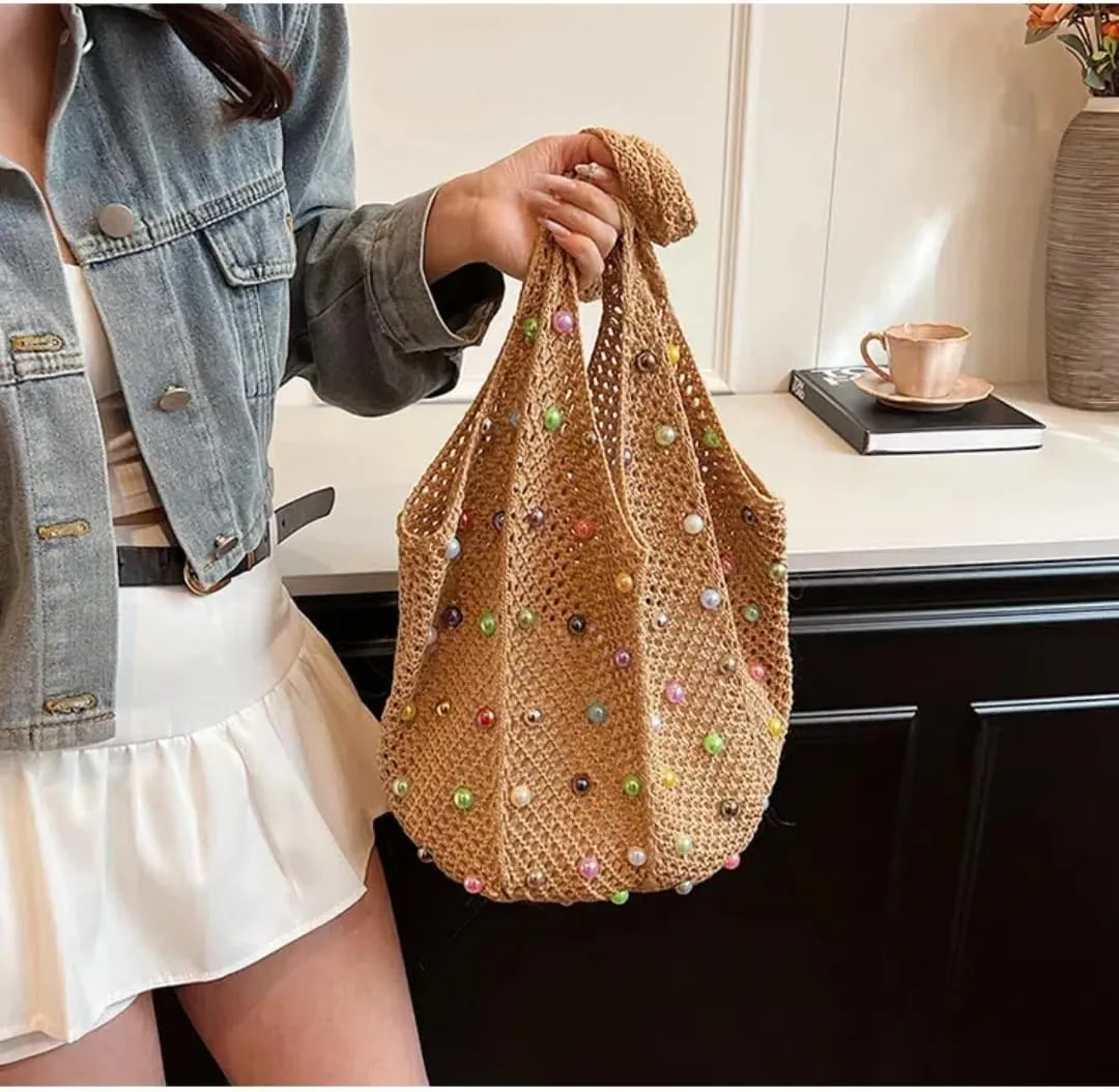 Boho Crochet Handbag Beach Tote Shoulder Bag with Colored Beads Hippie Knit Bag for Women