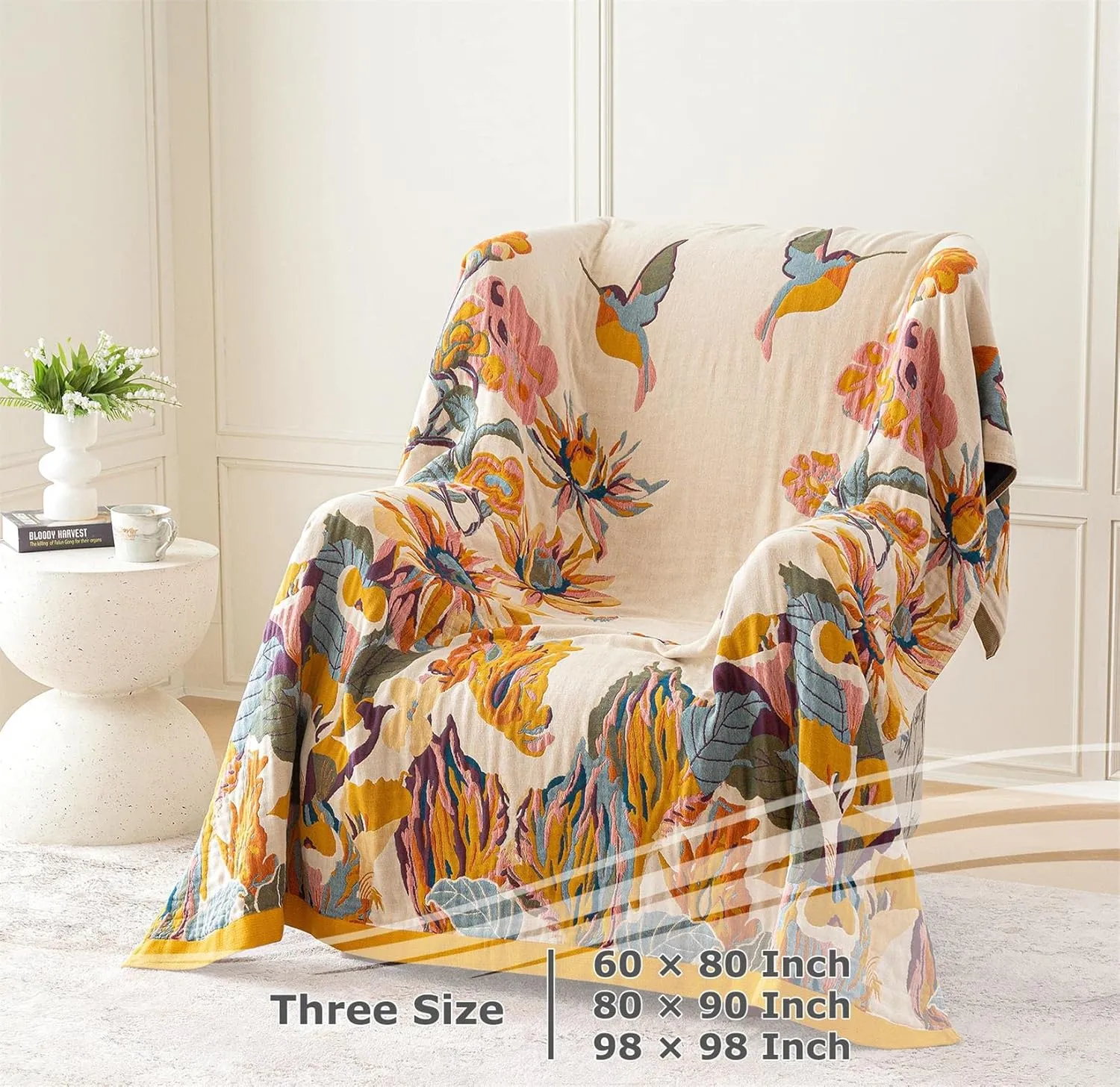 Boho Throw Blanket 100% Cotton Ultra Soft Bed Throw Large Summer Blanket Floral Bird and Butterfly Farmhouse Decor Bed Blankets,60"×80" All Season Blankets for Sofa Couch Chair