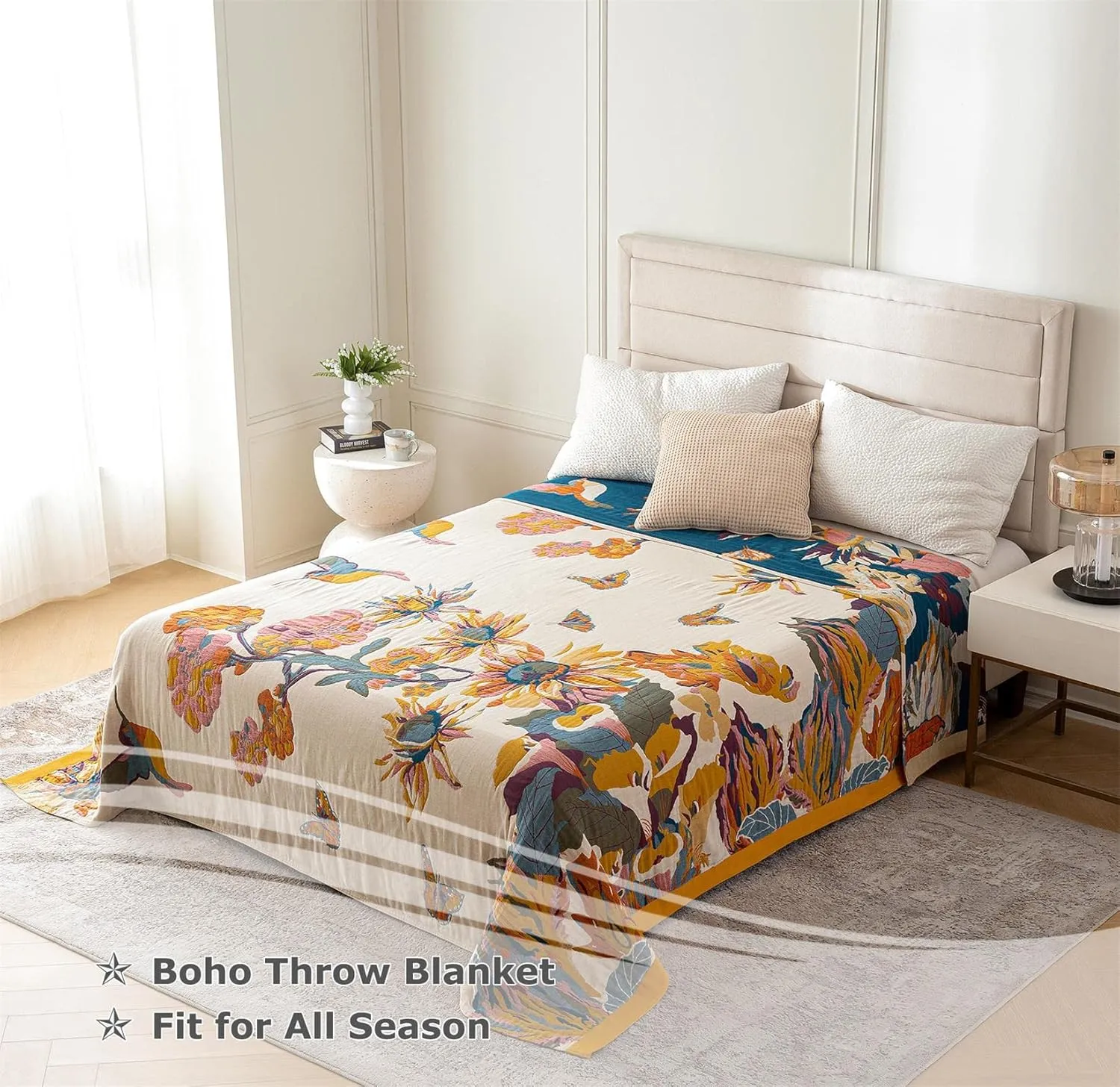 Boho Throw Blanket 100% Cotton Ultra Soft Bed Throw Large Summer Blanket Floral Bird and Butterfly Farmhouse Decor Bed Blankets,60"×80" All Season Blankets for Sofa Couch Chair
