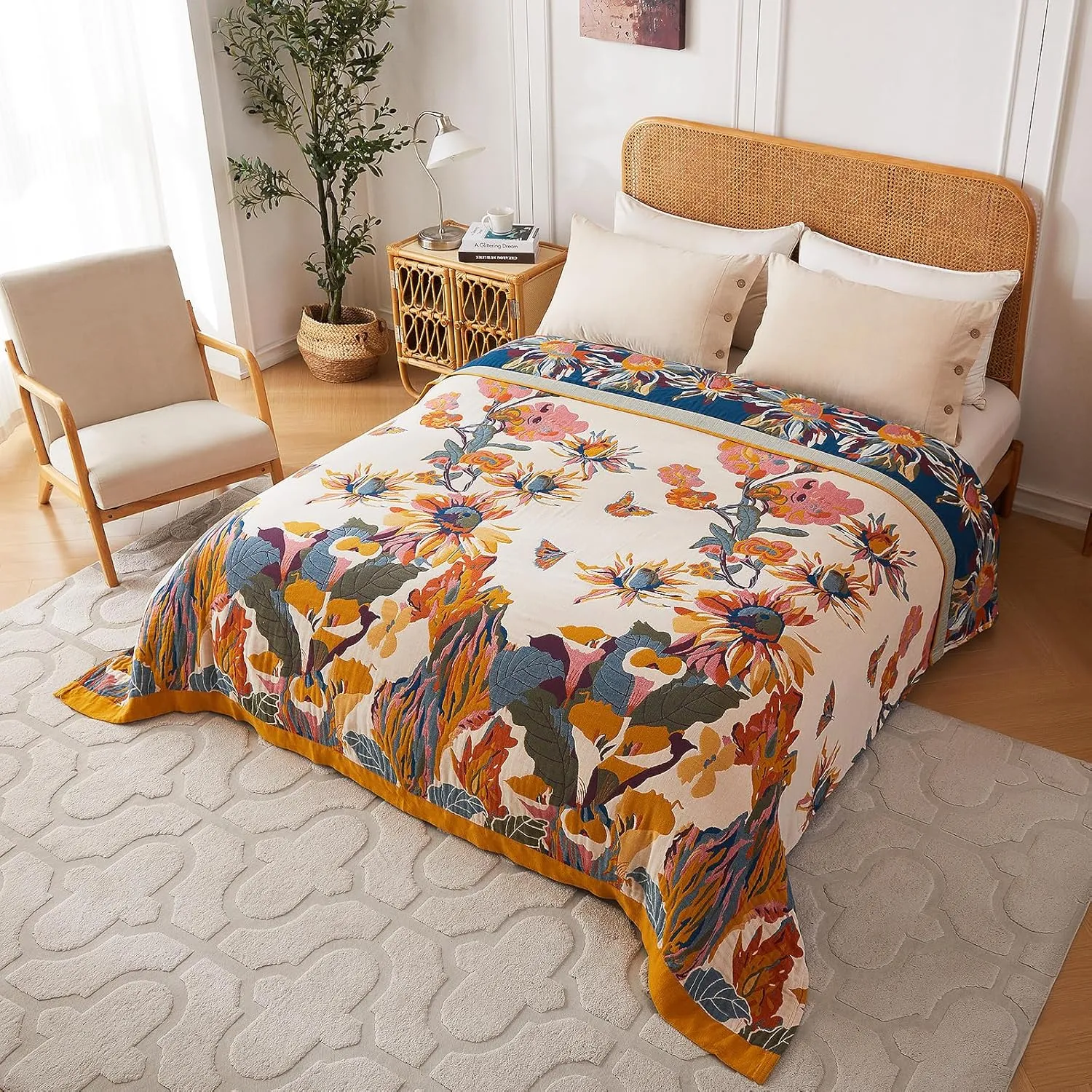 Boho Throw Blanket 100% Cotton Ultra Soft Bed Throw Large Summer Blanket Floral Bird and Butterfly Farmhouse Decor Bed Blankets,60"×80" All Season Blankets for Sofa Couch Chair