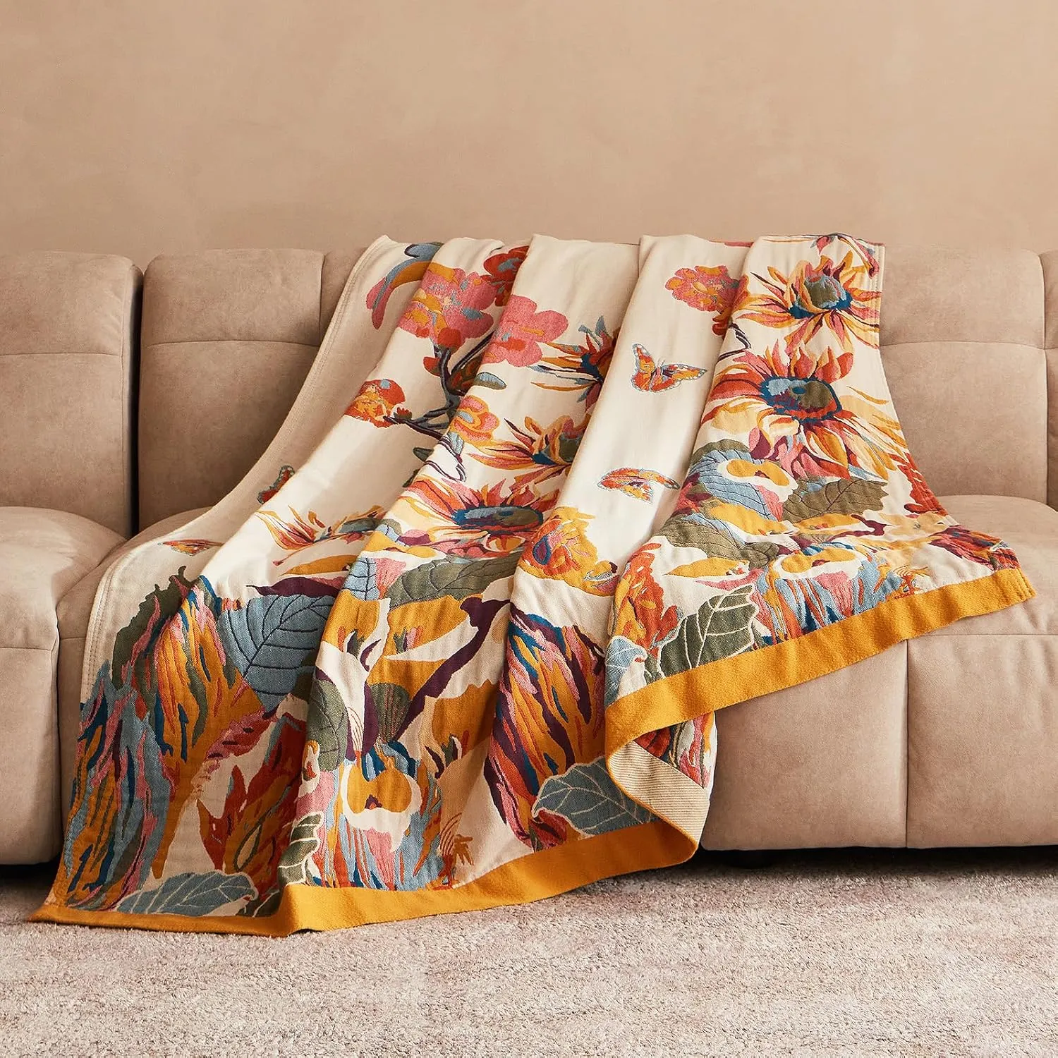 Boho Throw Blanket 100% Cotton Ultra Soft Bed Throw Large Summer Blanket Floral Bird and Butterfly Farmhouse Decor Bed Blankets,60"×80" All Season Blankets for Sofa Couch Chair