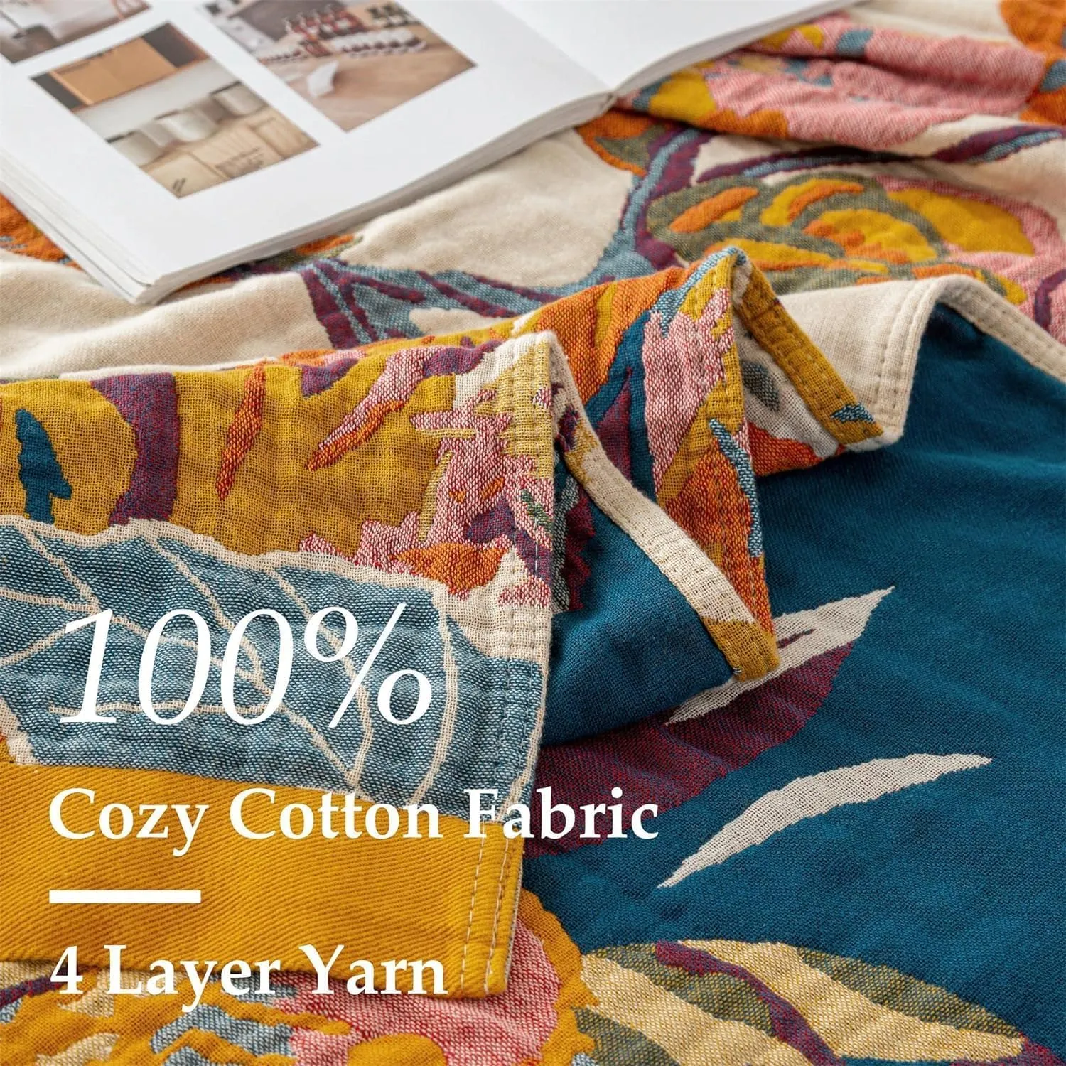 Boho Throw Blanket 100% Cotton Ultra Soft Bed Throw Large Summer Blanket Floral Bird and Butterfly Farmhouse Decor Bed Blankets,60"×80" All Season Blankets for Sofa Couch Chair
