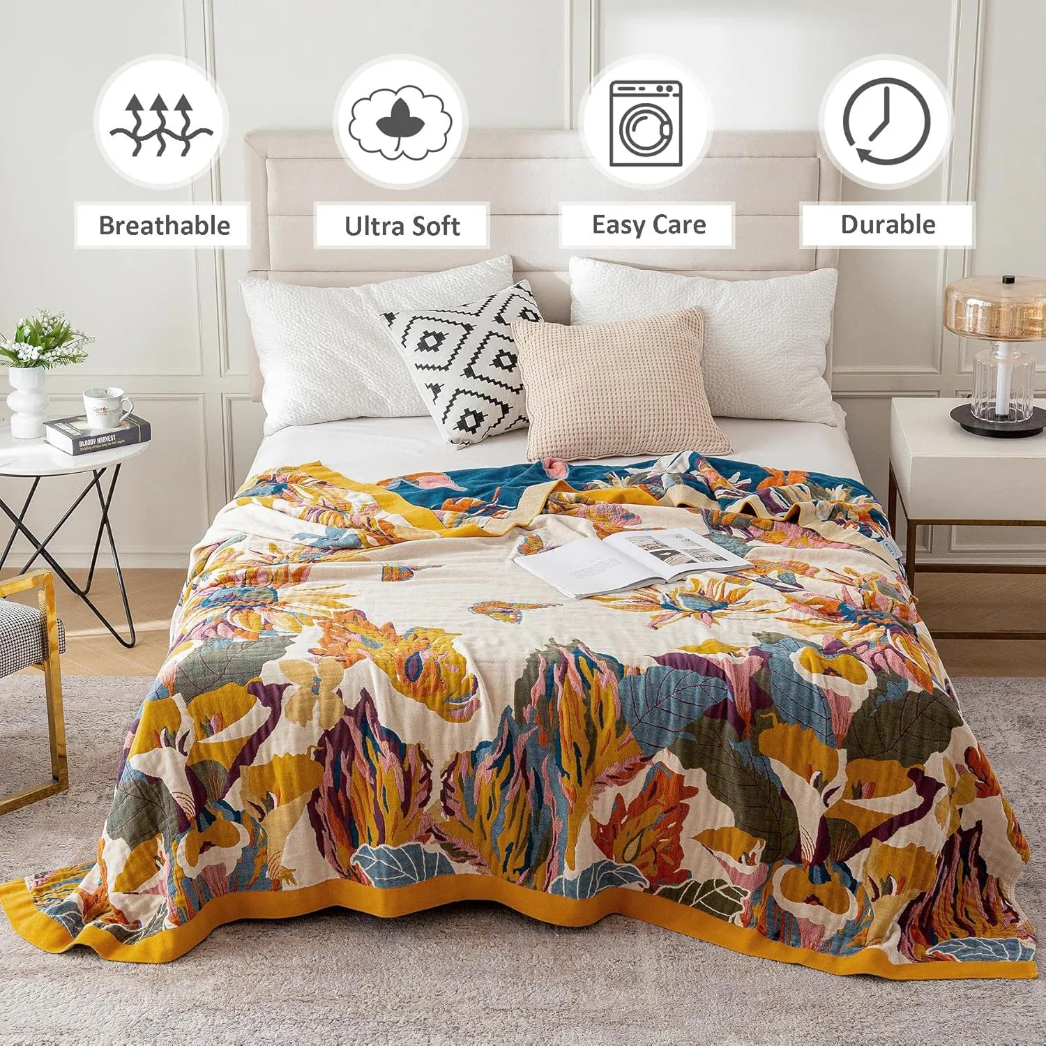 Boho Throw Blanket 100% Cotton Ultra Soft Bed Throw Large Summer Blanket Floral Bird and Butterfly Farmhouse Decor Bed Blankets,60"×80" All Season Blankets for Sofa Couch Chair