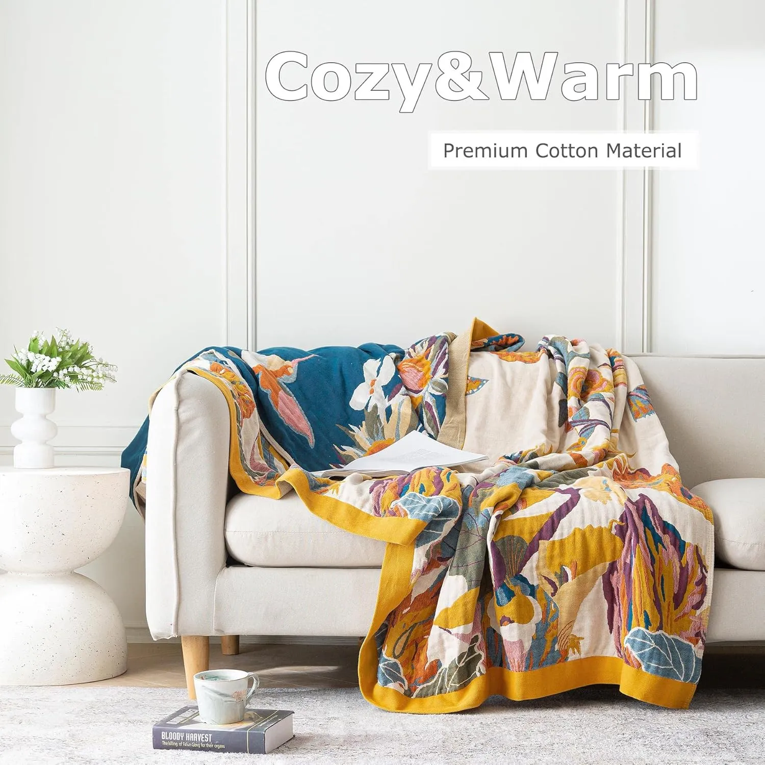 Boho Throw Blanket 100% Cotton Ultra Soft Bed Throw Large Summer Blanket Floral Bird and Butterfly Farmhouse Decor Bed Blankets,60"×80" All Season Blankets for Sofa Couch Chair