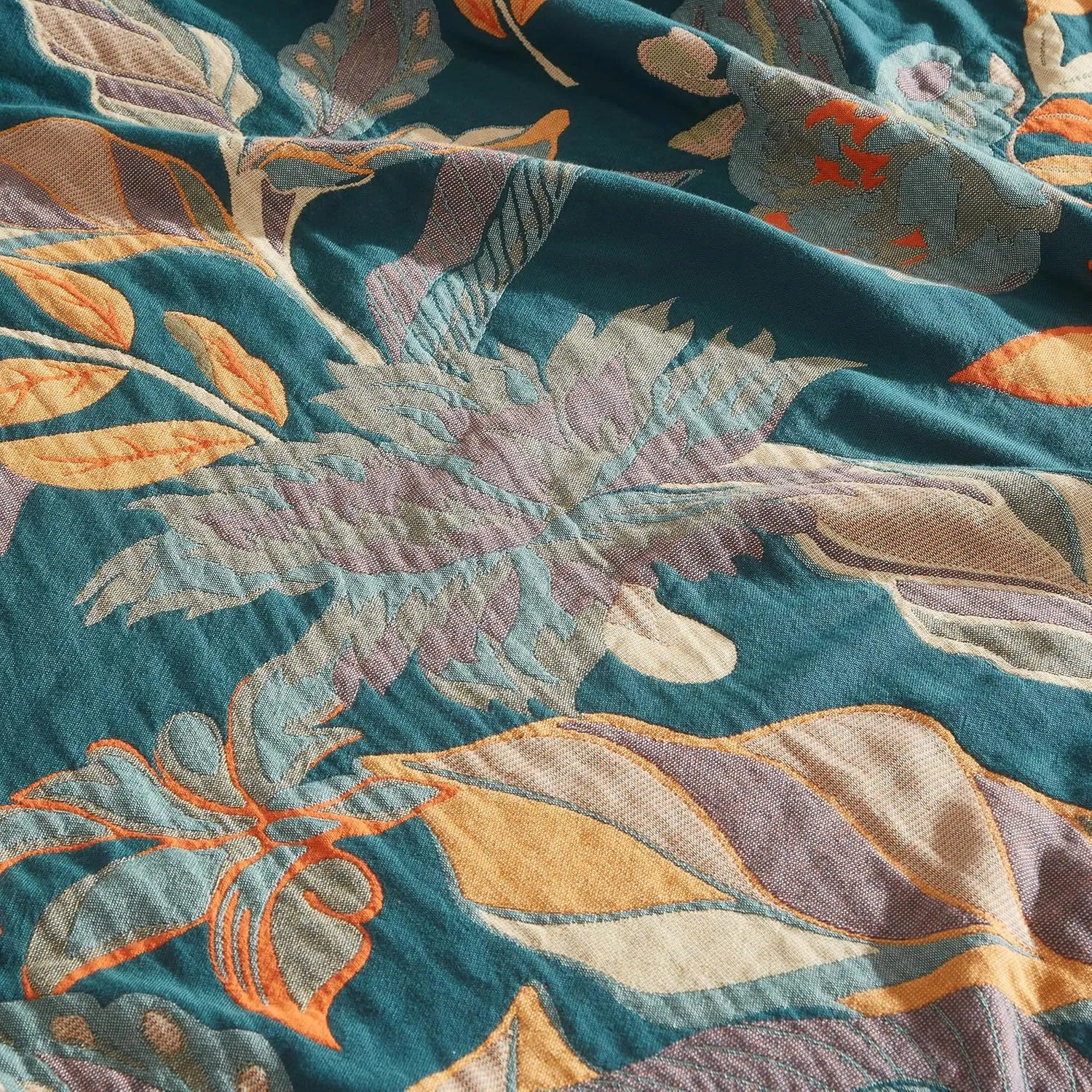 Boho Throw Blanket for Bed 80”x90”, 100% Cotton Woven Blanket for Couch Sofa, Ultra Soft 4-Layer Muslin Quilt with Floral Printed, Farmhouse Bed Blanket/Cover for Living Room Decor