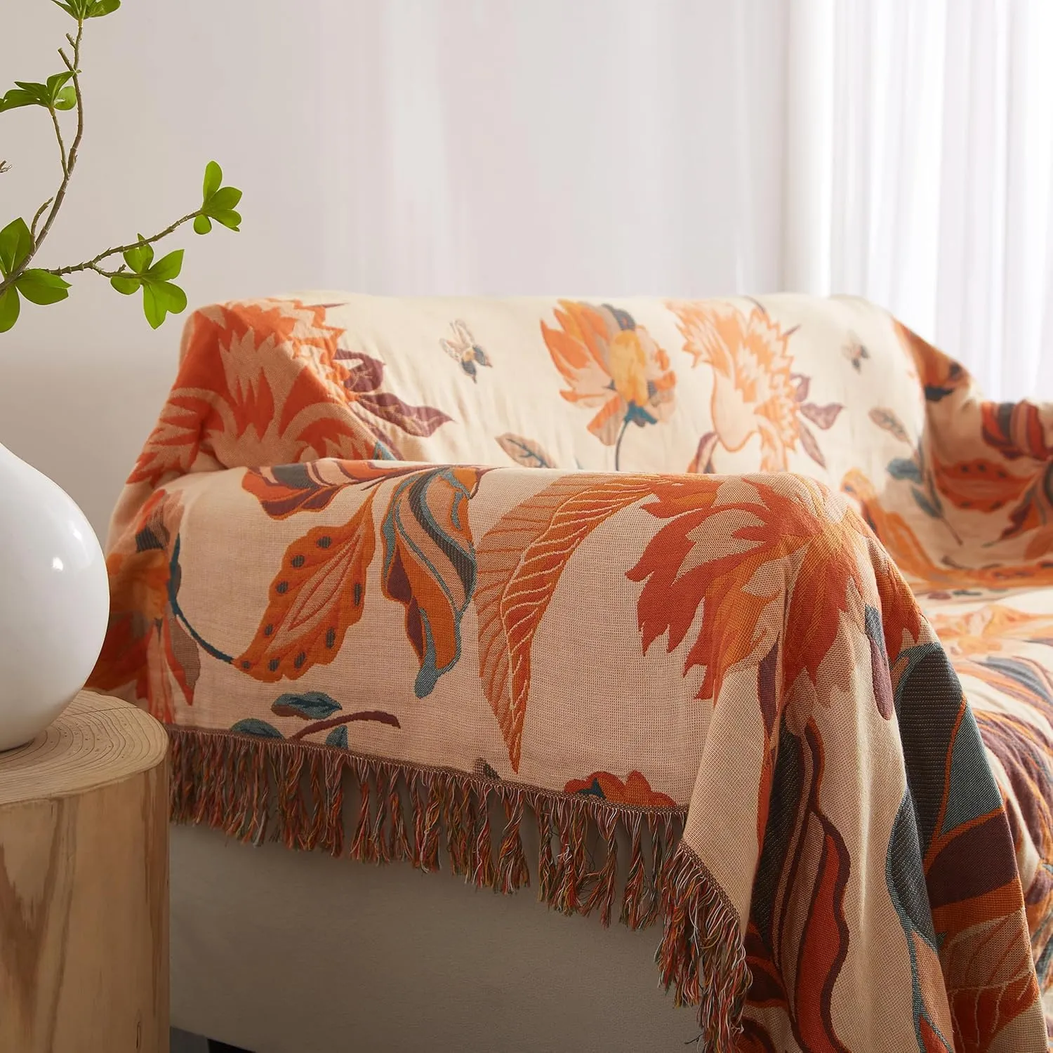 Boho Throw Blanket for Bed 80”x90”, 100% Cotton Woven Blanket for Couch Sofa, Ultra Soft 4-Layer Muslin Quilt with Floral Printed, Farmhouse Bed Blanket/Cover for Living Room Decor