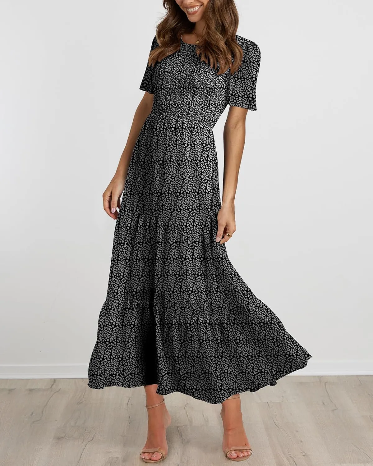 BTFBM Women Casual Short Sleeve Crew Neck Summer Dress Bohemian Floral Printed Flowy Maxi Dresses Tiered Cocktail Dress