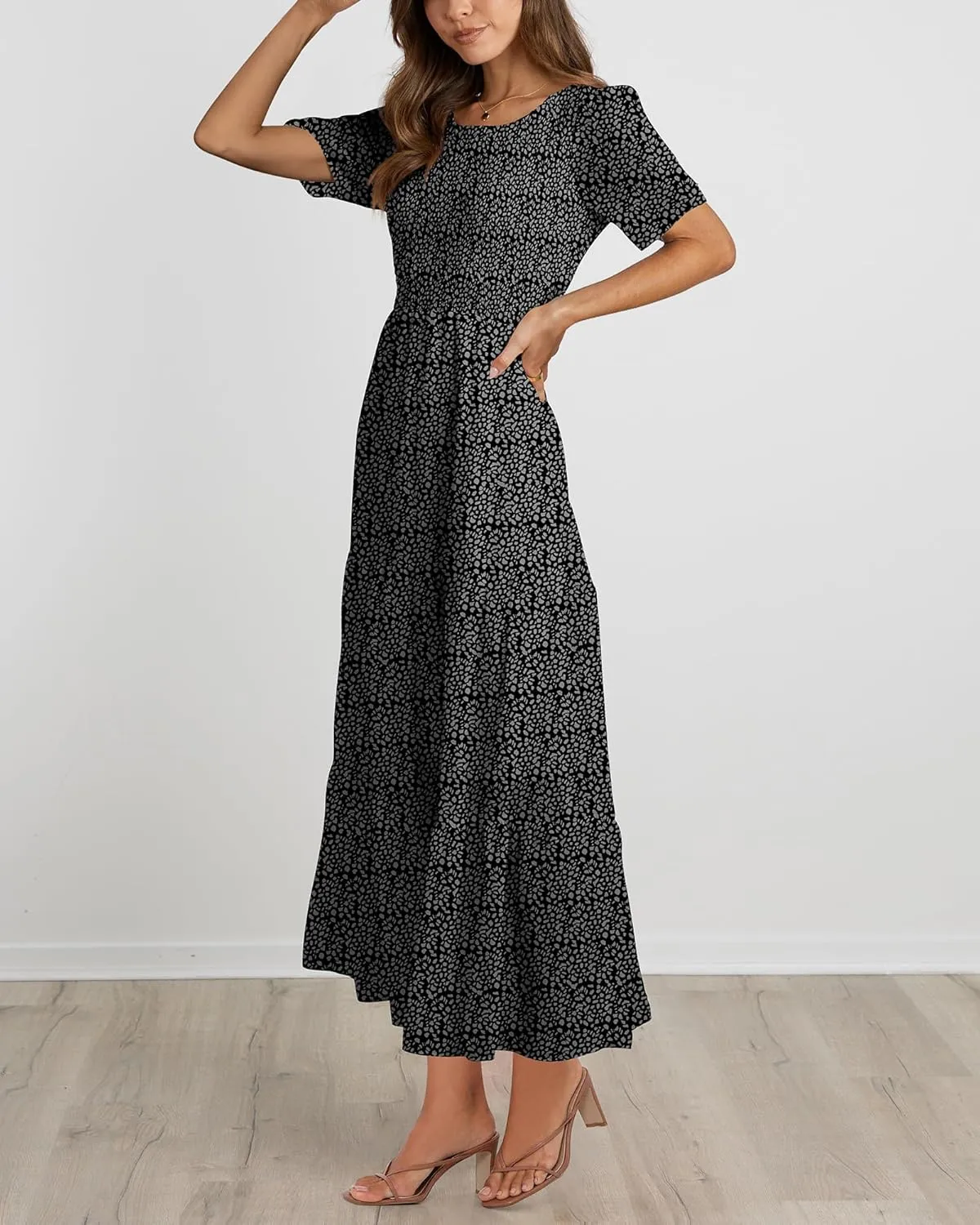 BTFBM Women Casual Short Sleeve Crew Neck Summer Dress Bohemian Floral Printed Flowy Maxi Dresses Tiered Cocktail Dress