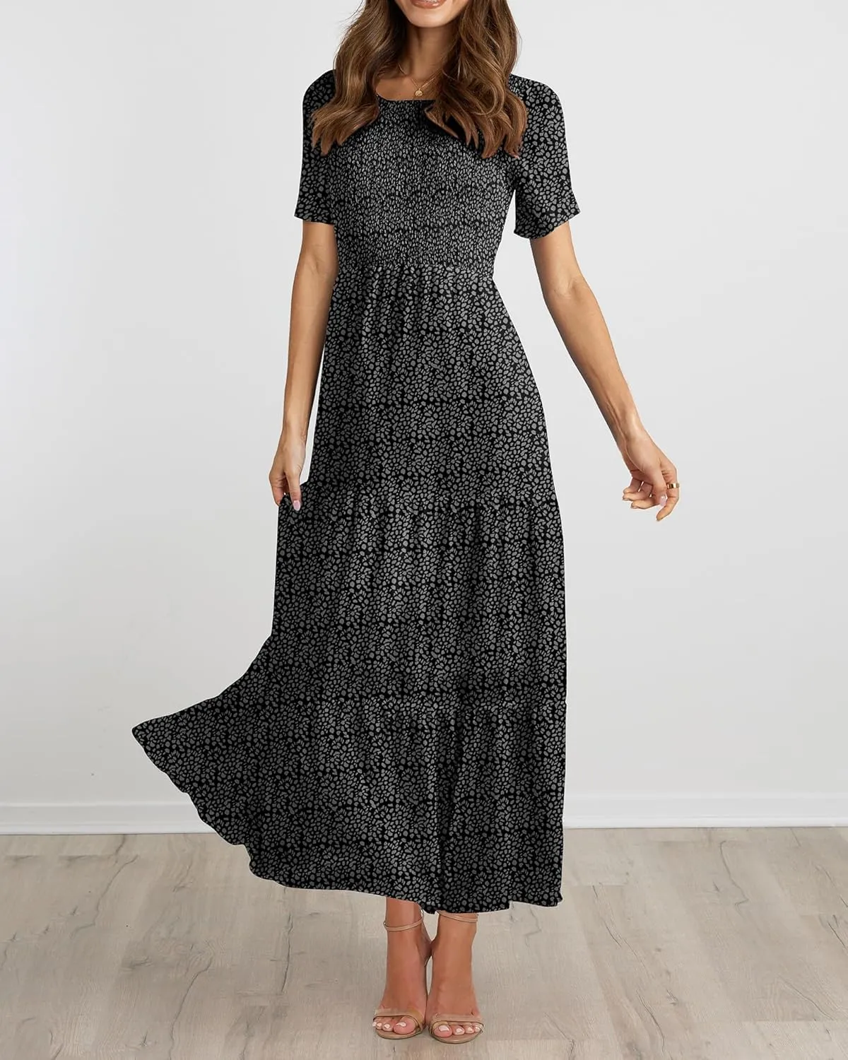 BTFBM Women Casual Short Sleeve Crew Neck Summer Dress Bohemian Floral Printed Flowy Maxi Dresses Tiered Cocktail Dress