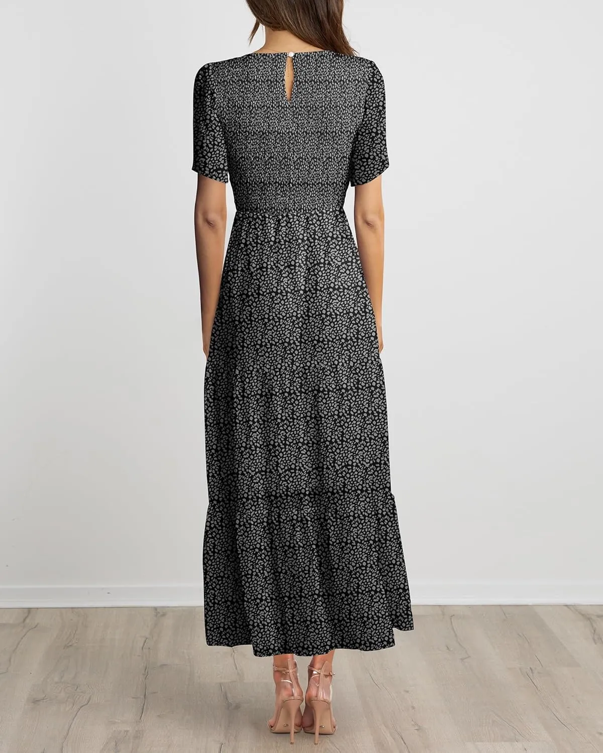 BTFBM Women Casual Short Sleeve Crew Neck Summer Dress Bohemian Floral Printed Flowy Maxi Dresses Tiered Cocktail Dress