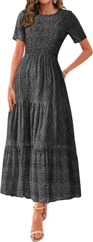 BTFBM Women Casual Short Sleeve Crew Neck Summer Dress Bohemian Floral Printed Flowy Maxi Dresses Tiered Cocktail Dress