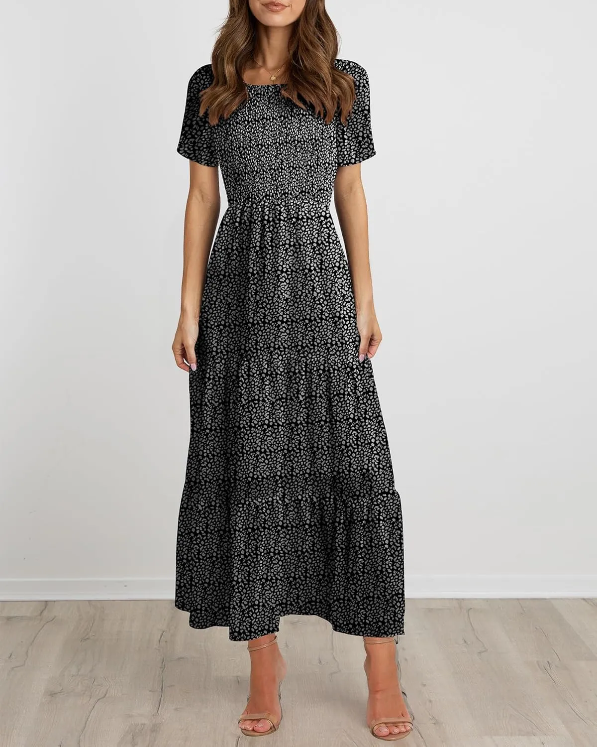 BTFBM Women Casual Short Sleeve Crew Neck Summer Dress Bohemian Floral Printed Flowy Maxi Dresses Tiered Cocktail Dress