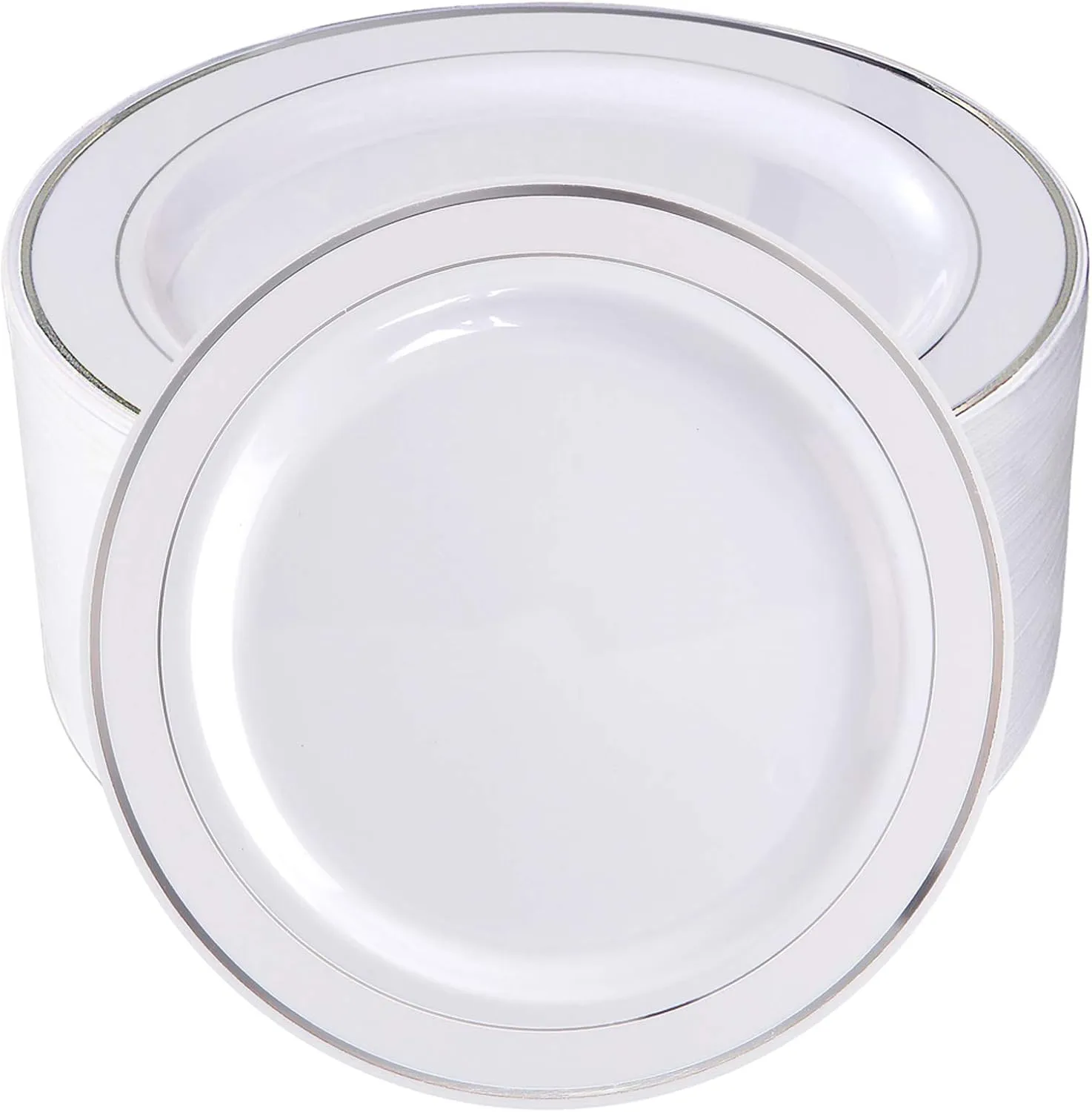bUCLA 100Pieces Silver Plastic Plates - 10.25inch Silver Rim Disposable Dinner Plates - Ideal for Weddings, Parties&Christmas