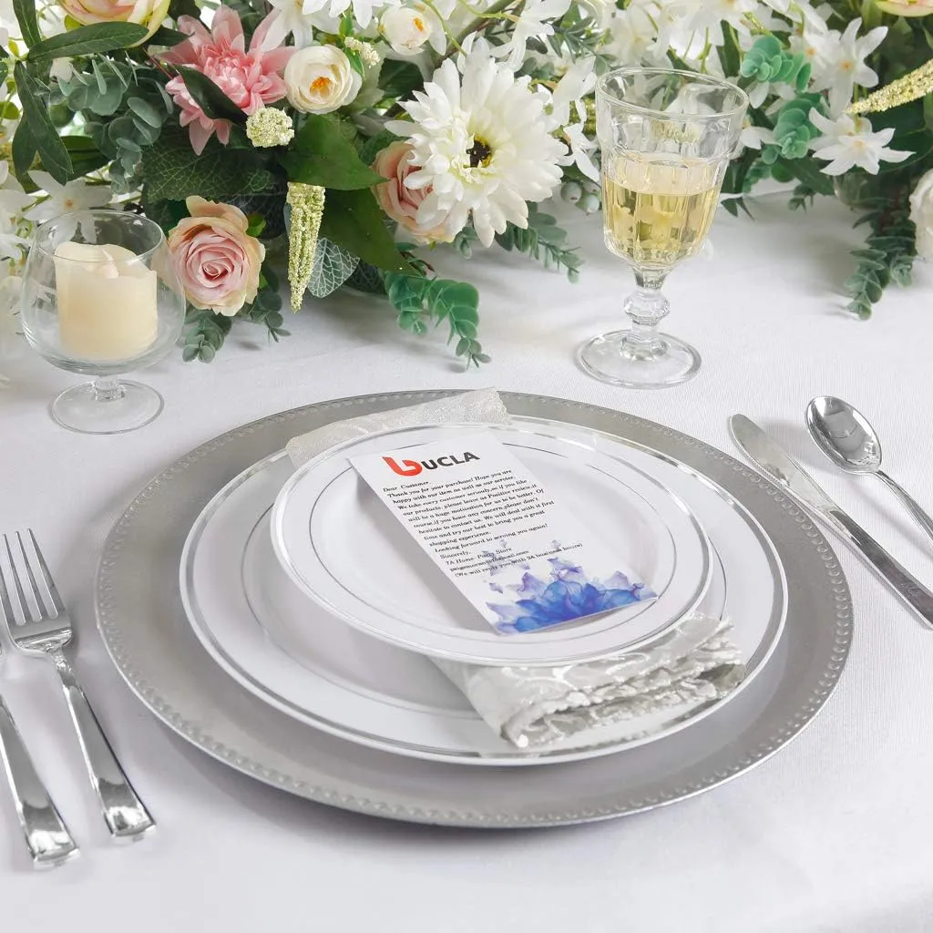 bUCLA 100Pieces Silver Plastic Plates - 10.25inch Silver Rim Disposable Dinner Plates - Ideal for Weddings, Parties&Christmas