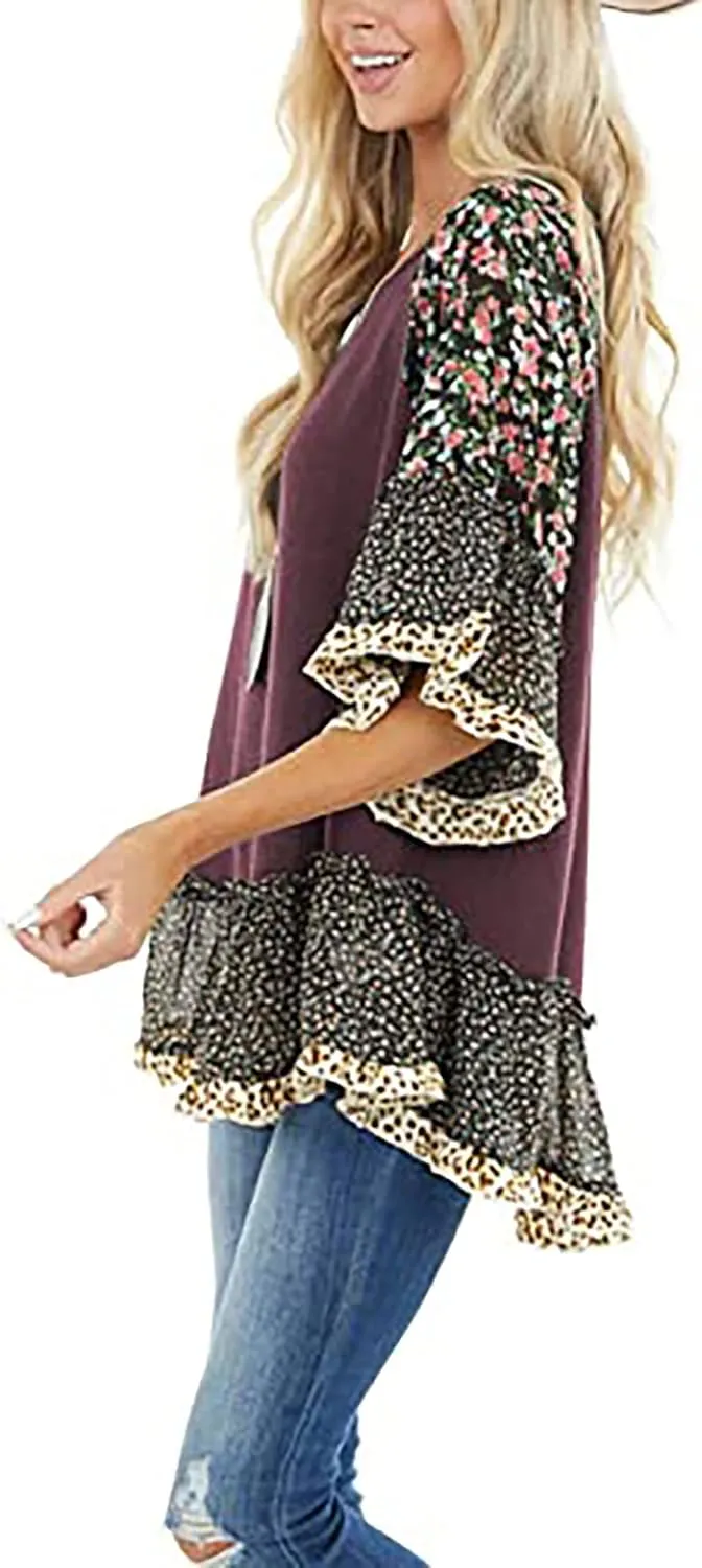 CASURESS Women's Floral Printed Ruffle 3 4 Sleeve Shirt Batwing Loose Tops Blouses Pullover