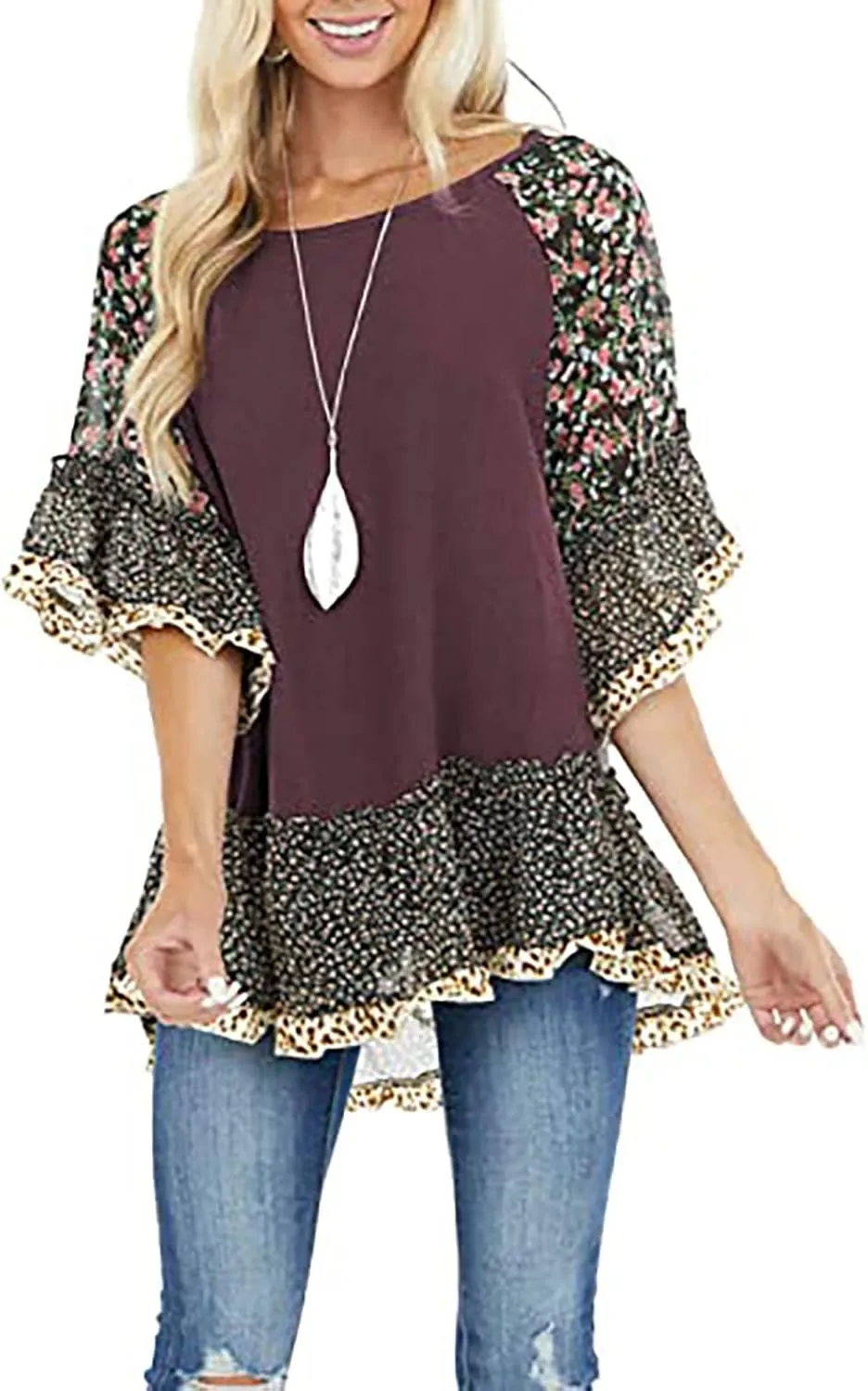 CASURESS Women's Floral Printed Ruffle 3 4 Sleeve Shirt Batwing Loose Tops Blouses Pullover