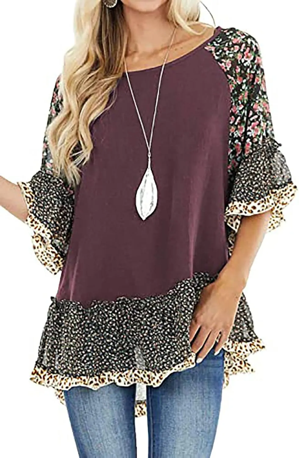 CASURESS Women's Floral Printed Ruffle 3 4 Sleeve Shirt Batwing Loose Tops Blouses Pullover