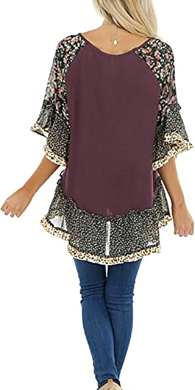 CASURESS Women's Floral Printed Ruffle 3 4 Sleeve Shirt Batwing Loose Tops Blouses Pullover