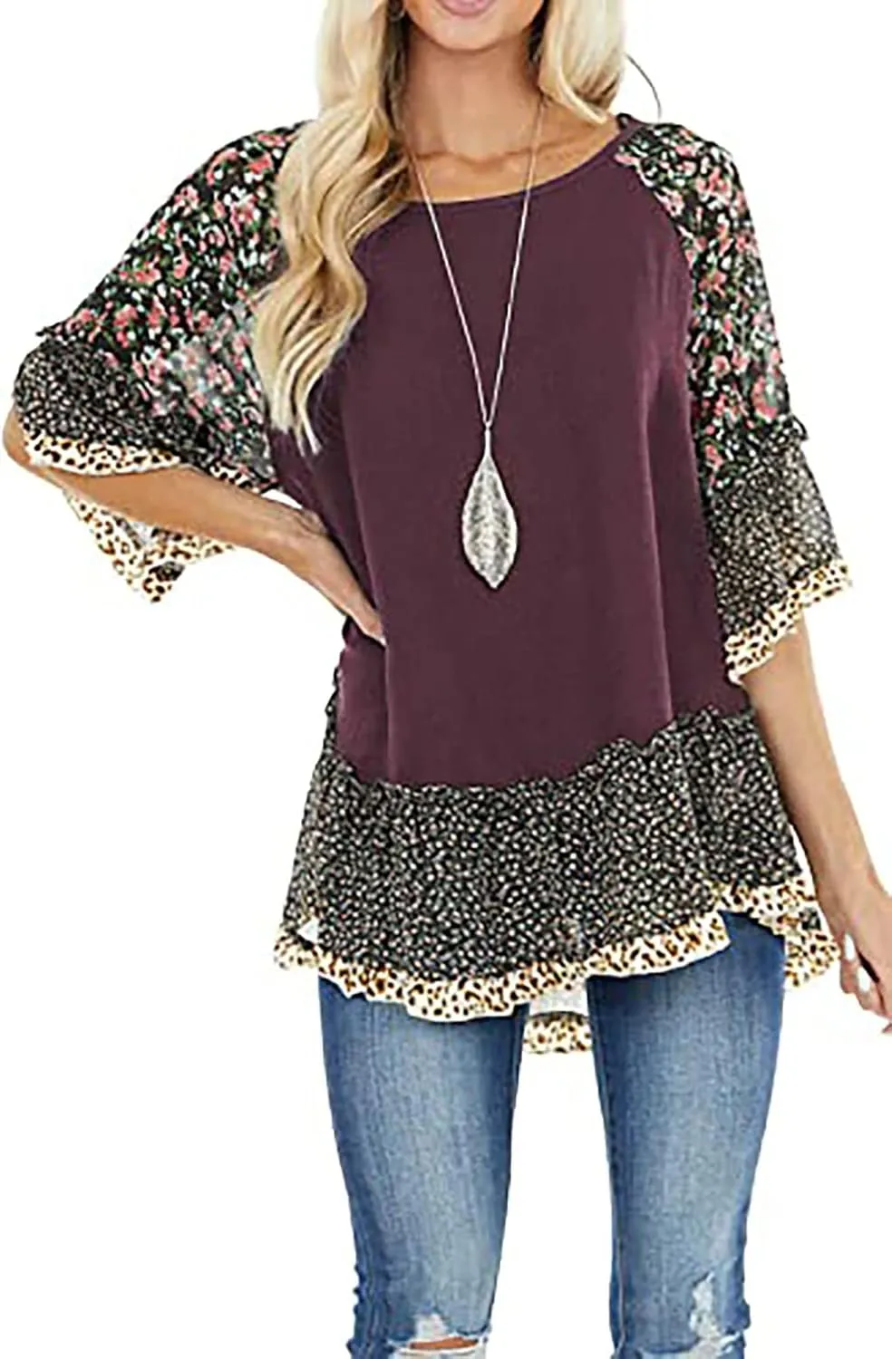 CASURESS Women's Floral Printed Ruffle 3 4 Sleeve Shirt Batwing Loose Tops Blouses Pullover