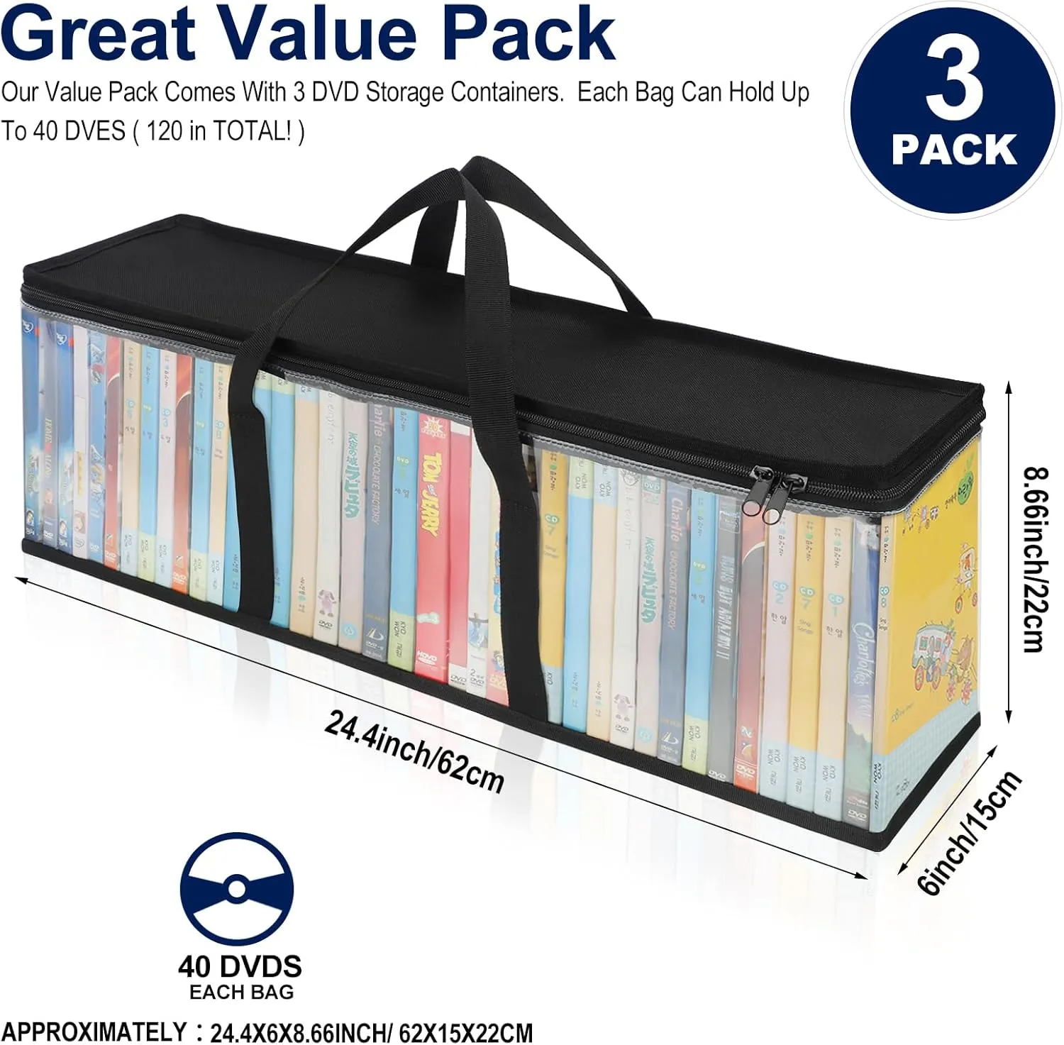 CCidea DVD Storage Bags (Set of 3) Clear PVC Media Holder Case with Handles for DVDs/CDs/VHS Box/Blu Ray Disc/Movie Cases/Video Games Discs - Each Bag Holds up to 40 DVDs