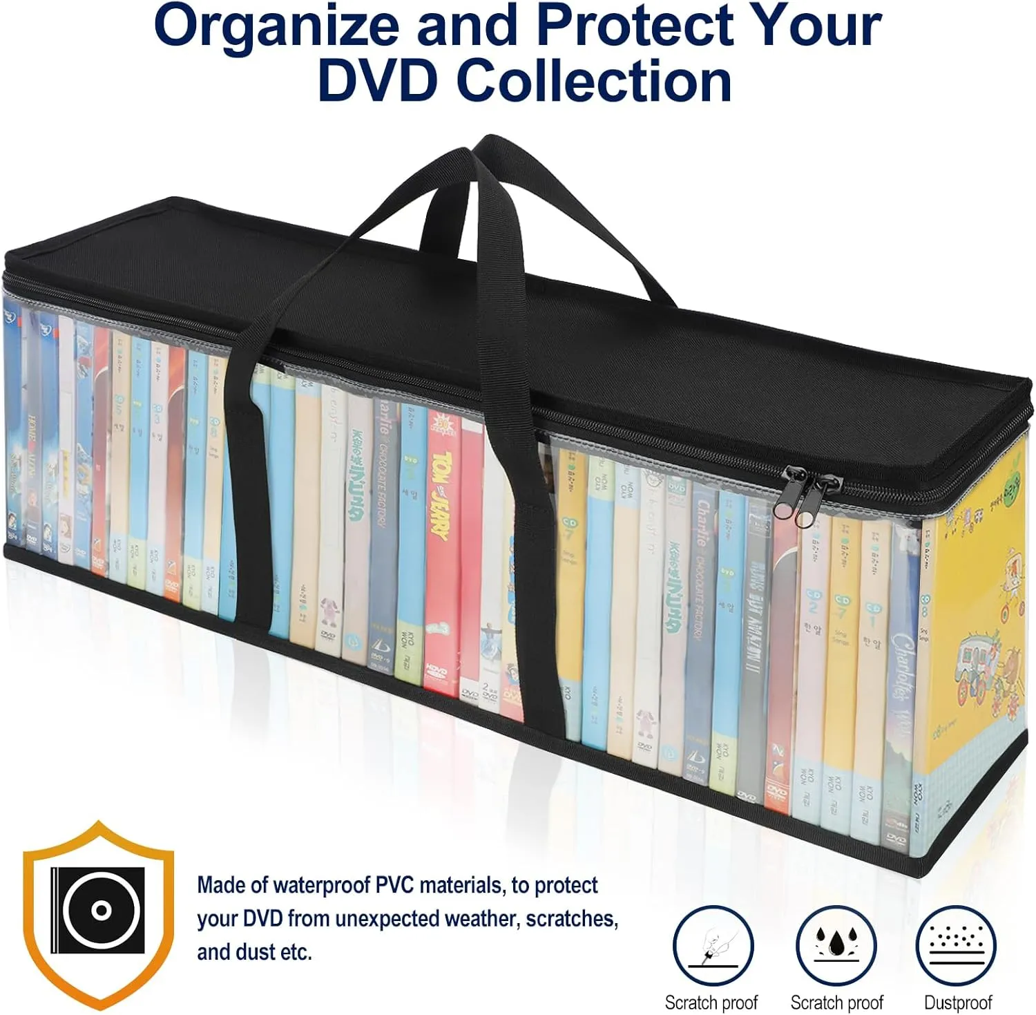 CCidea DVD Storage Bags (Set of 3) Clear PVC Media Holder Case with Handles for DVDs/CDs/VHS Box/Blu Ray Disc/Movie Cases/Video Games Discs - Each Bag Holds up to 40 DVDs