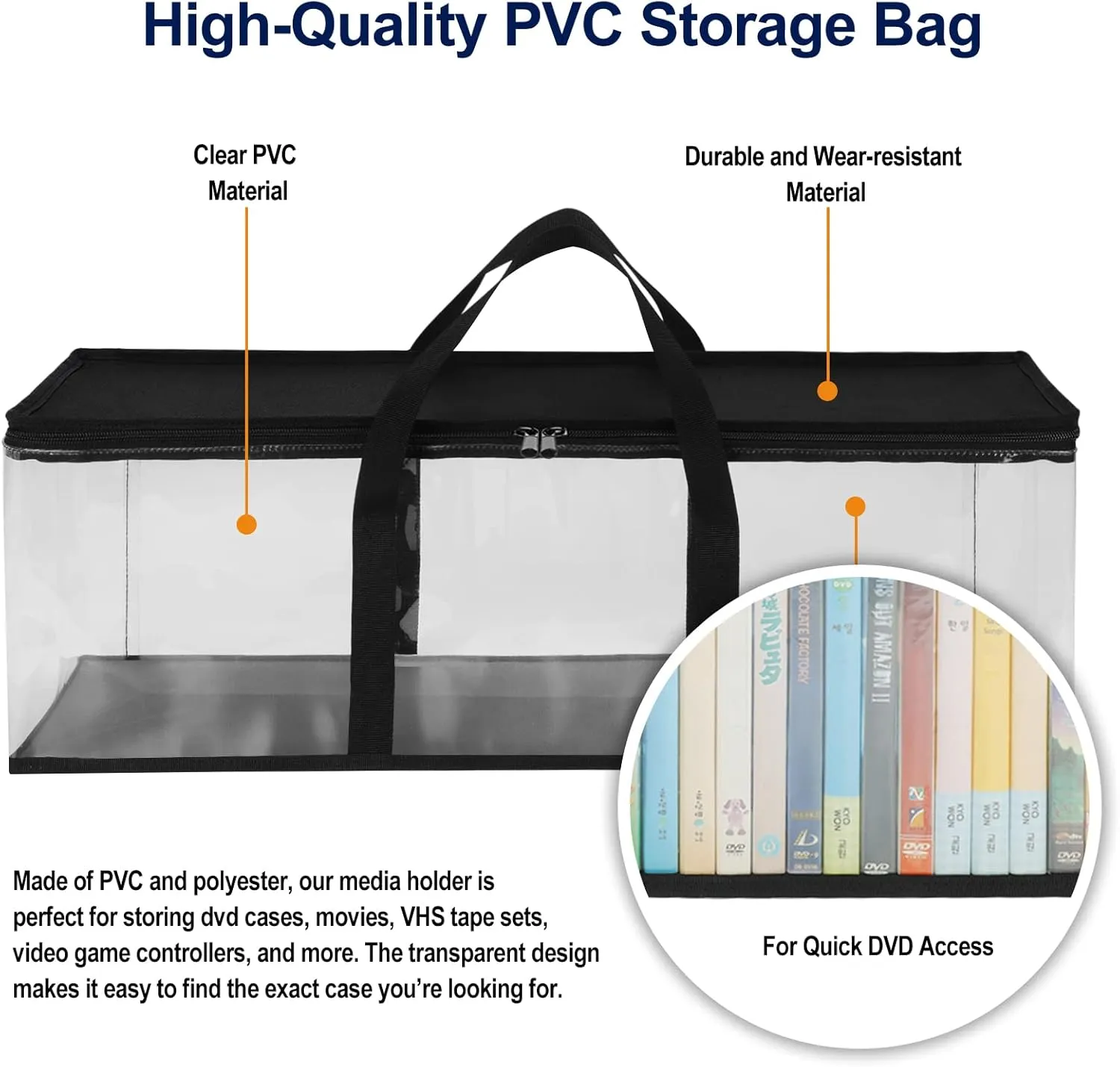 CCidea DVD Storage Bags (Set of 3) Clear PVC Media Holder Case with Handles for DVDs/CDs/VHS Box/Blu Ray Disc/Movie Cases/Video Games Discs - Each Bag Holds up to 40 DVDs