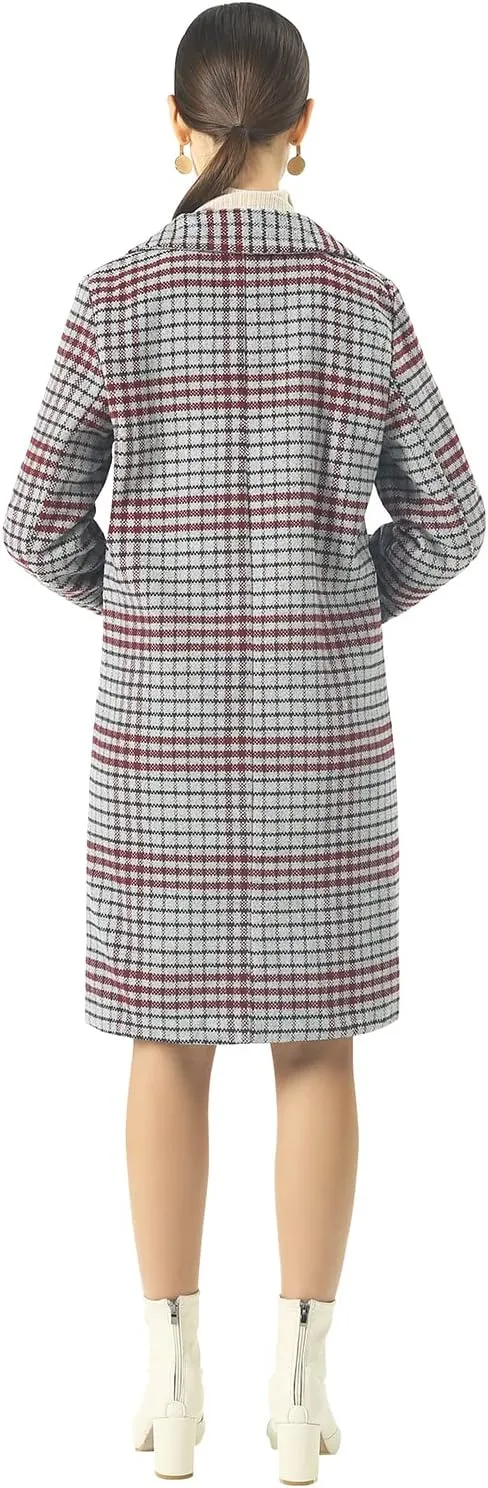 CHARTOU Women's Winter Oversize Lapel Collar Woolen Plaid Double Breasted Long Peacoat Jacket