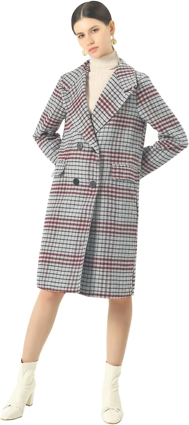 CHARTOU Women's Winter Oversize Lapel Collar Woolen Plaid Double Breasted Long Peacoat Jacket