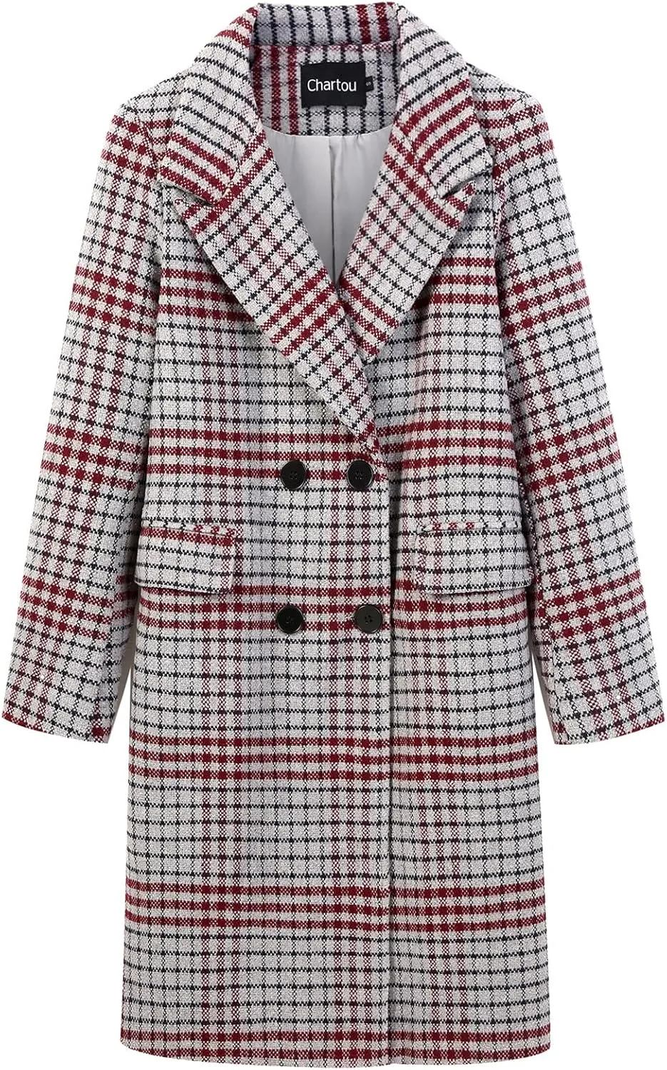 CHARTOU Women's Winter Oversize Lapel Collar Woolen Plaid Double Breasted Long Peacoat Jacket
