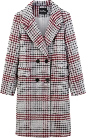 CHARTOU Women's Winter Oversize Lapel Collar Woolen Plaid Double Breasted Long Peacoat Jacket
