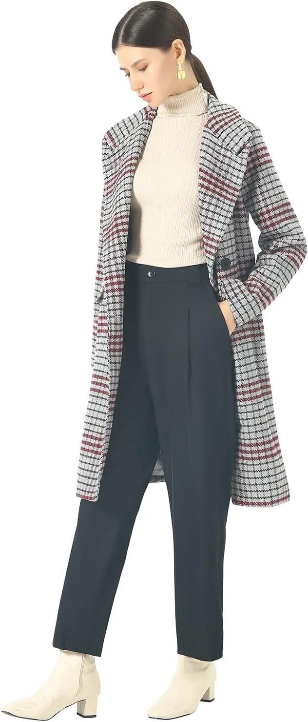 CHARTOU Women's Winter Oversize Lapel Collar Woolen Plaid Double Breasted Long Peacoat Jacket