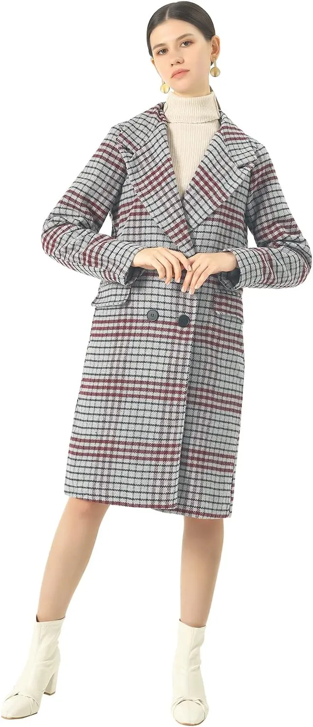 CHARTOU Women's Winter Oversize Lapel Collar Woolen Plaid Double Breasted Long Peacoat Jacket