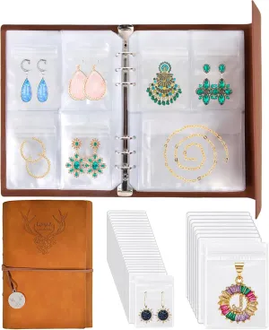 ChezMax Jewelry Organizer Book, Travel Earring Storage Case with Pockets, PU Leather Portable Jewelry Holder with Clear Bags for Necklace, Rings, Bracelets, Stud (76 Grids 76 Anti-Oxidation PVC Bags)