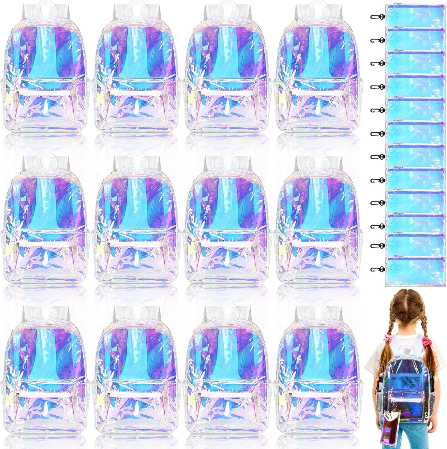 Cholemy 12 Set Bulk Clear Backpack with Pencil Pouch,15.75" Large Transparent Bookbag for School Work Stadium Security(Laser)