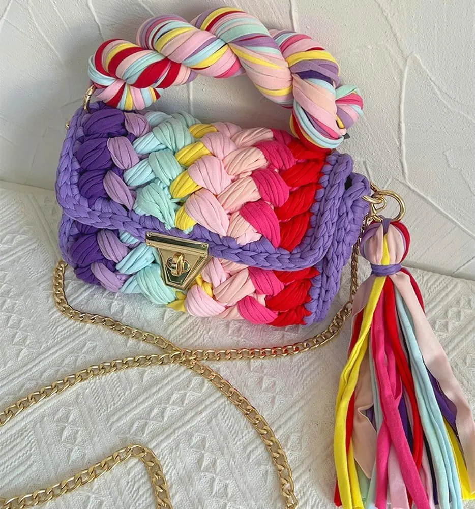 Chunky Yarn Knit Crochet Tote Purse Crossbody Bags for Women - Handwoven Evening Clutch Flap Shoulder Bag