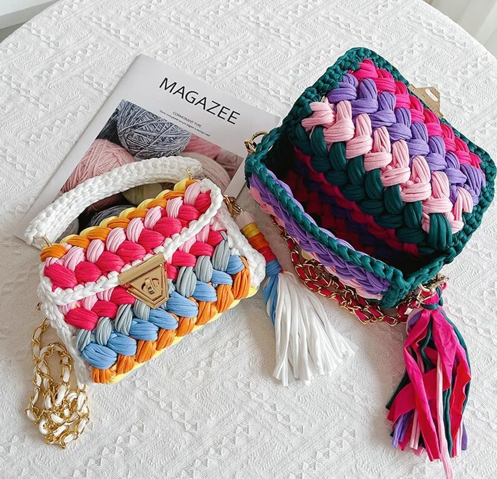 Chunky Yarn Knit Crochet Tote Purse Crossbody Bags for Women - Handwoven Evening Clutch Flap Shoulder Bag