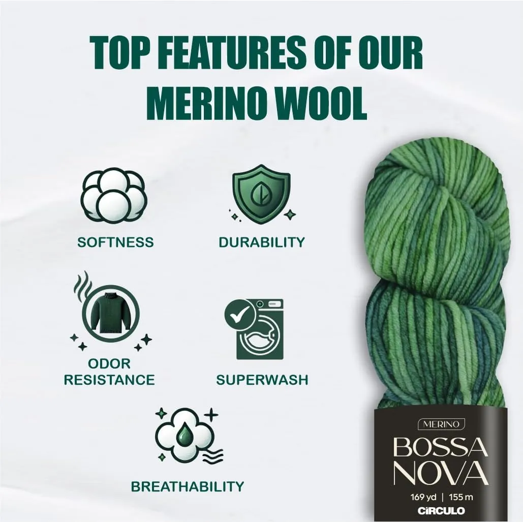 Circulo Bossa Nova Yarn, 100% Superwash Merino Wool - Premium, Soft, Durable - Worsted Weight, 169 Yards - Color: 3480 - Devotion
