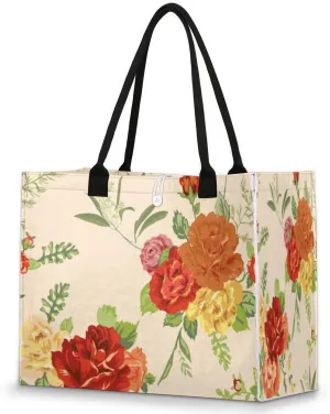Classical Flowers Beach Tote Bag for Women Large Compartment Reusable Grocery Shopping Bags Casual Shoulder Portable Tote Handbag for Travel Work Gym Daily