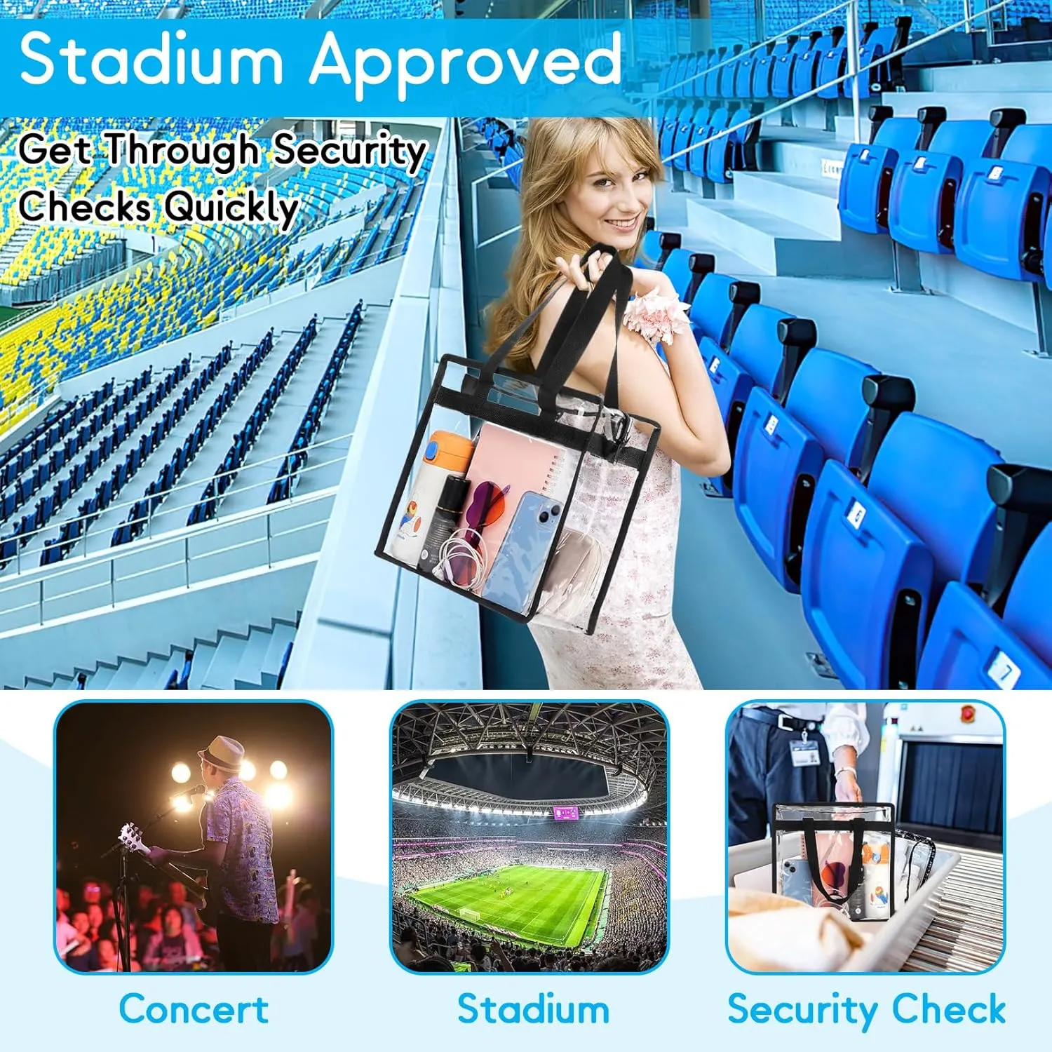 Clear Bag for Stadium Events Approved, 12x6x12 Large Transparent Tote, Clear Bag for Gym Concert Sports