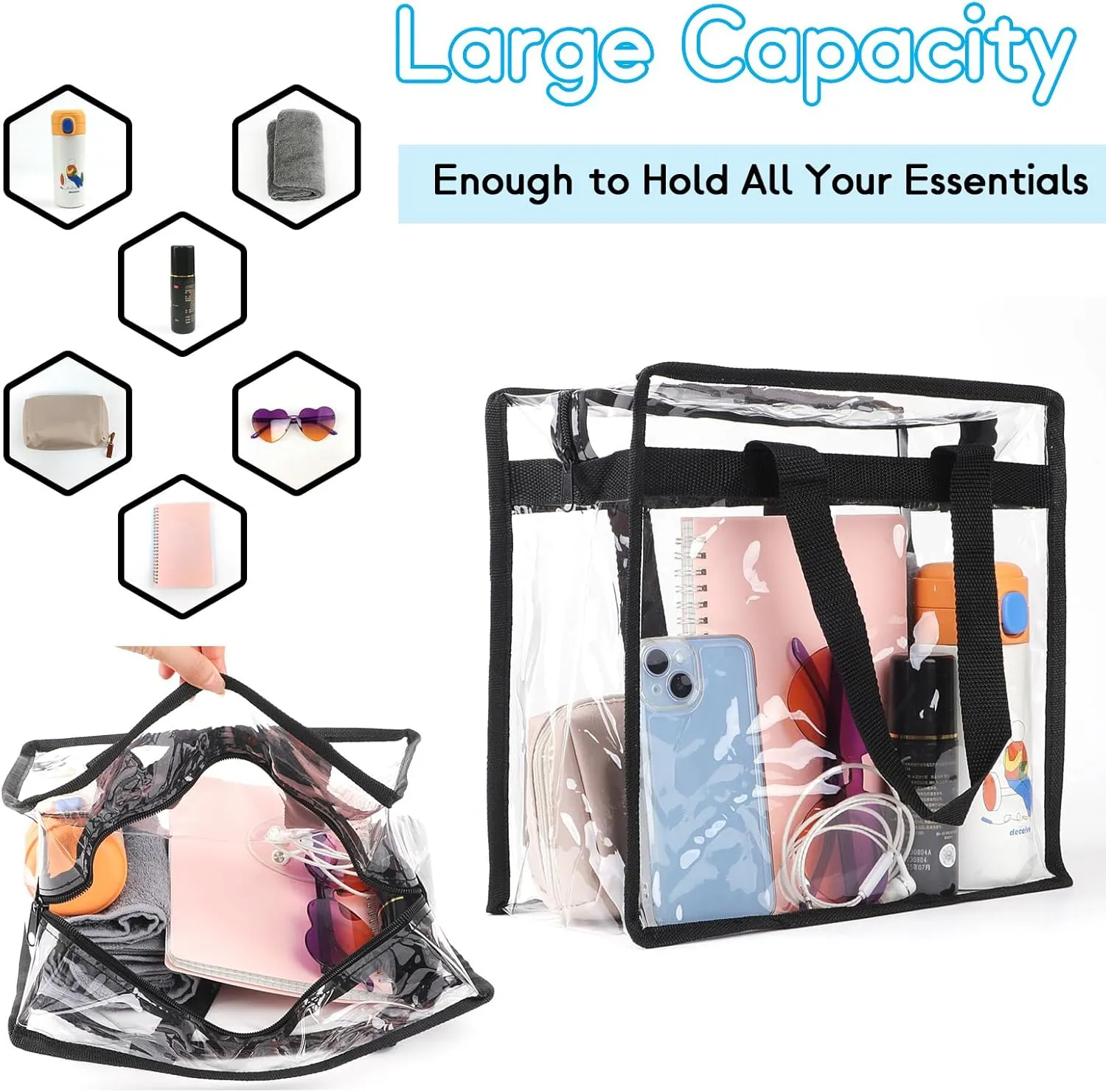 Clear Bag for Stadium Events Approved, 12x6x12 Large Transparent Tote, Clear Bag for Gym Concert Sports