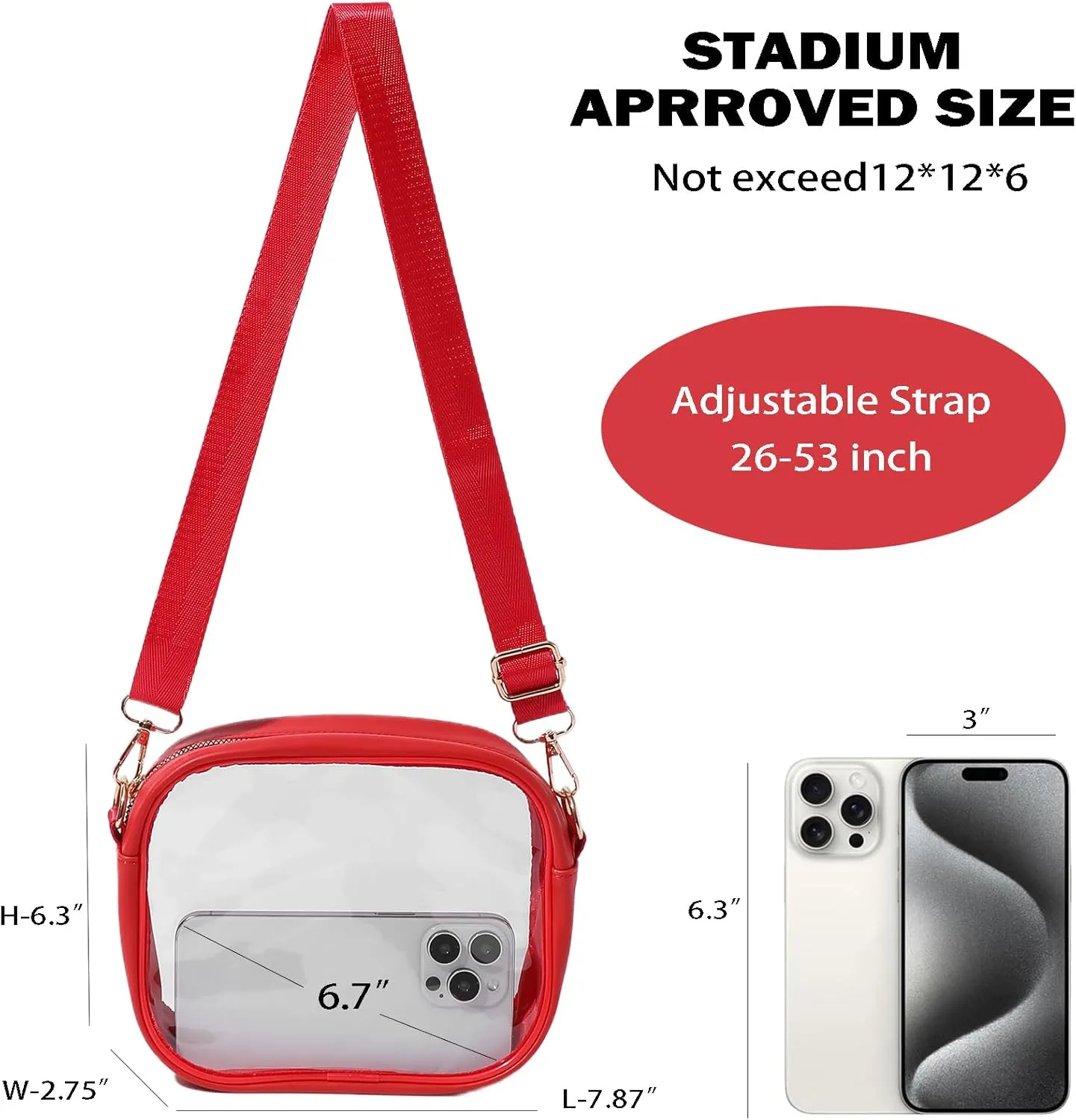 Clear Bag for Stadium Events, Clear Purse for Women Stadium Approved Crossbody, Concert Bag with Adjustable Strap