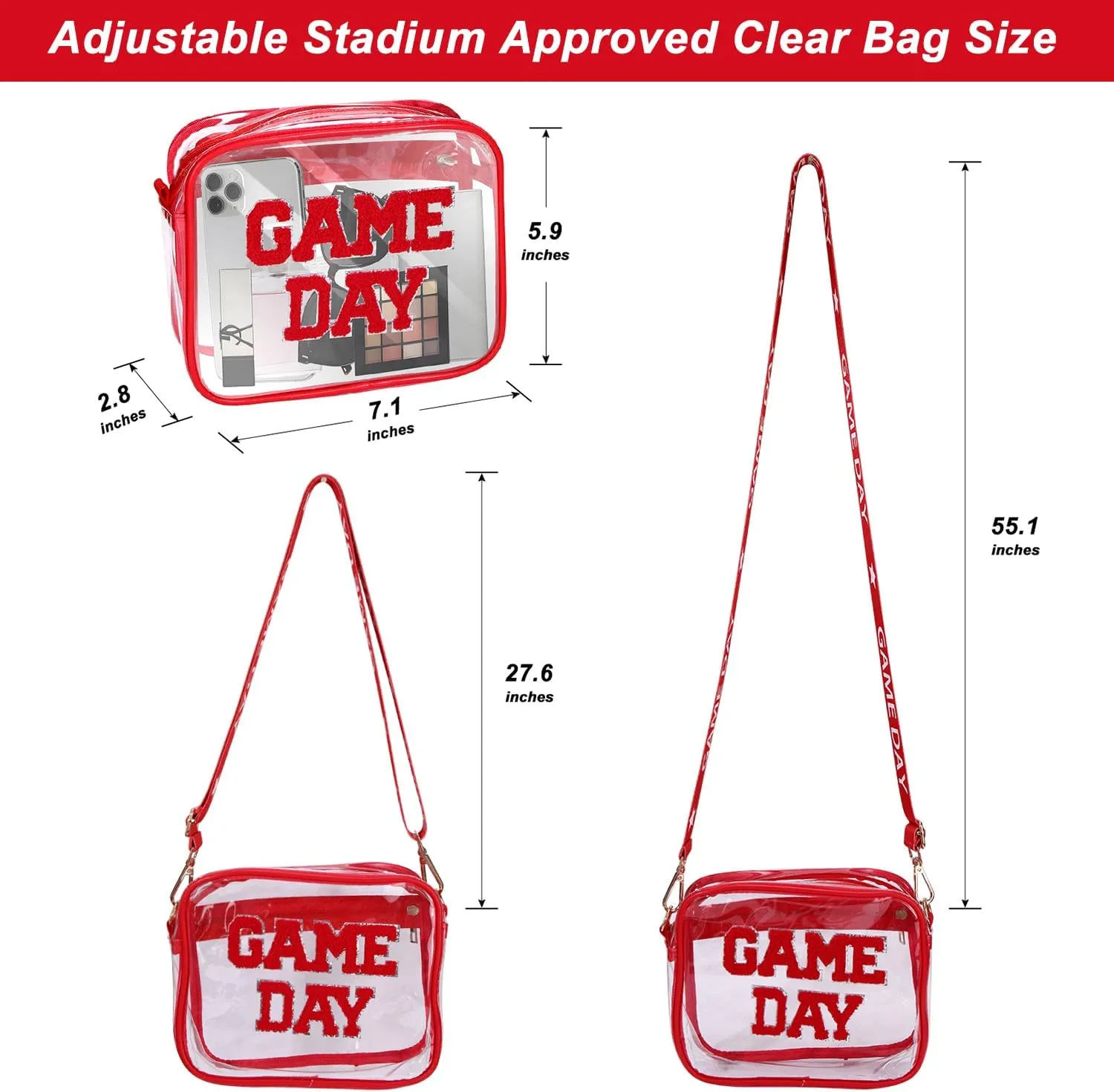 Clear Bag for Stadium Events Game Day Stadium Approved Crossbody Clear Bag Purse with Letter Patch for Concert Sports Events